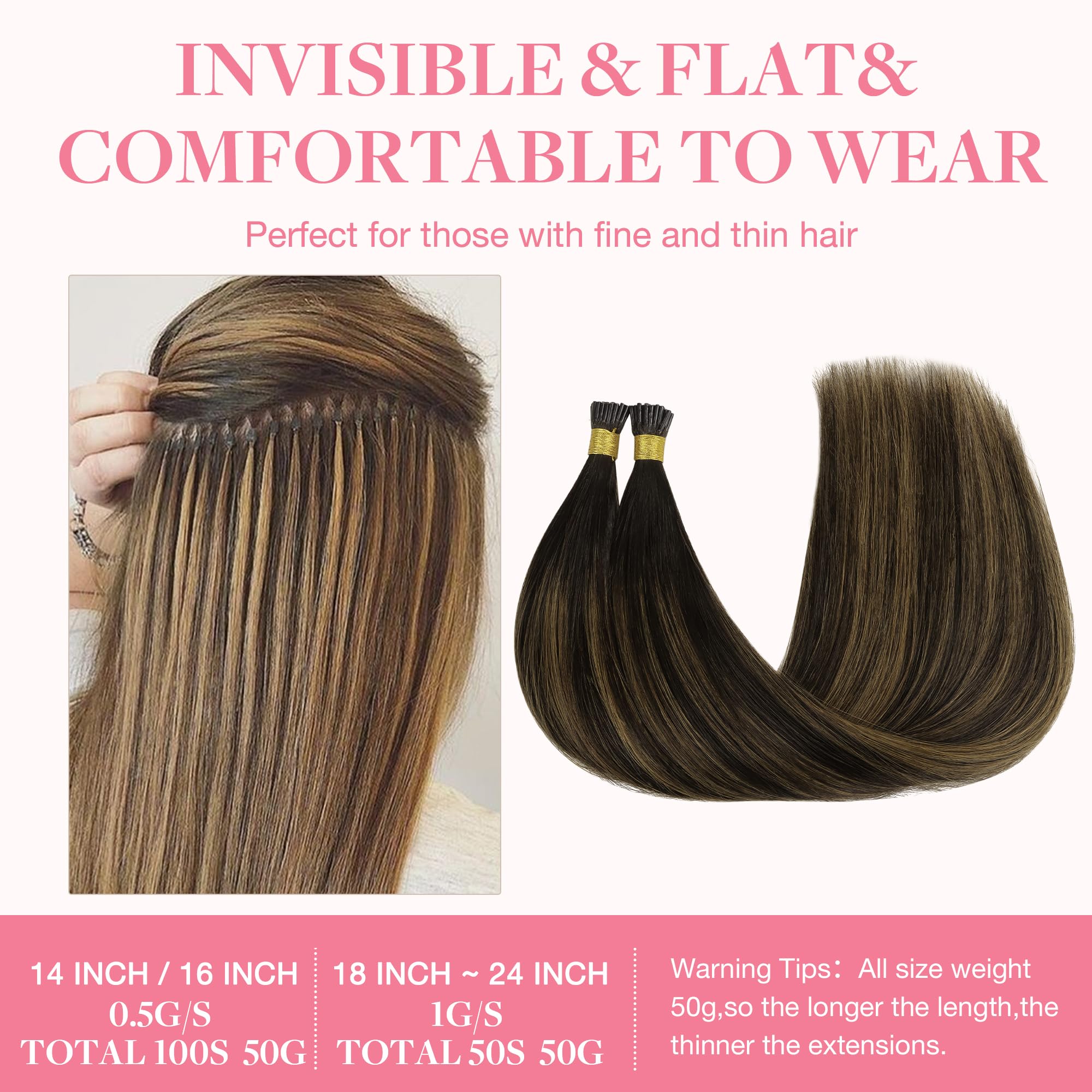 GOO GOO I Tip Hair Extensions Real Human Hair, Natural Black to Chestnut Brown 50g 100 Strands 16inch Cold Fusion I Tip Hair Extensions - Image 3