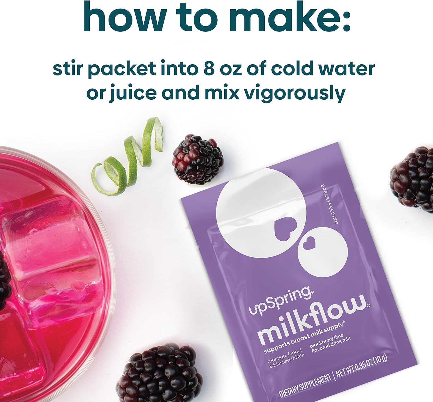 Upspring Milkflow Breastfeeding Supplement Drink Mix with Moringa & Blessed Thistle, No Fenugreek | Blackberry Lime Flavor | Lactation Supplement to Promote Healthy Breast Milk Supply | 16 Drink Mixes