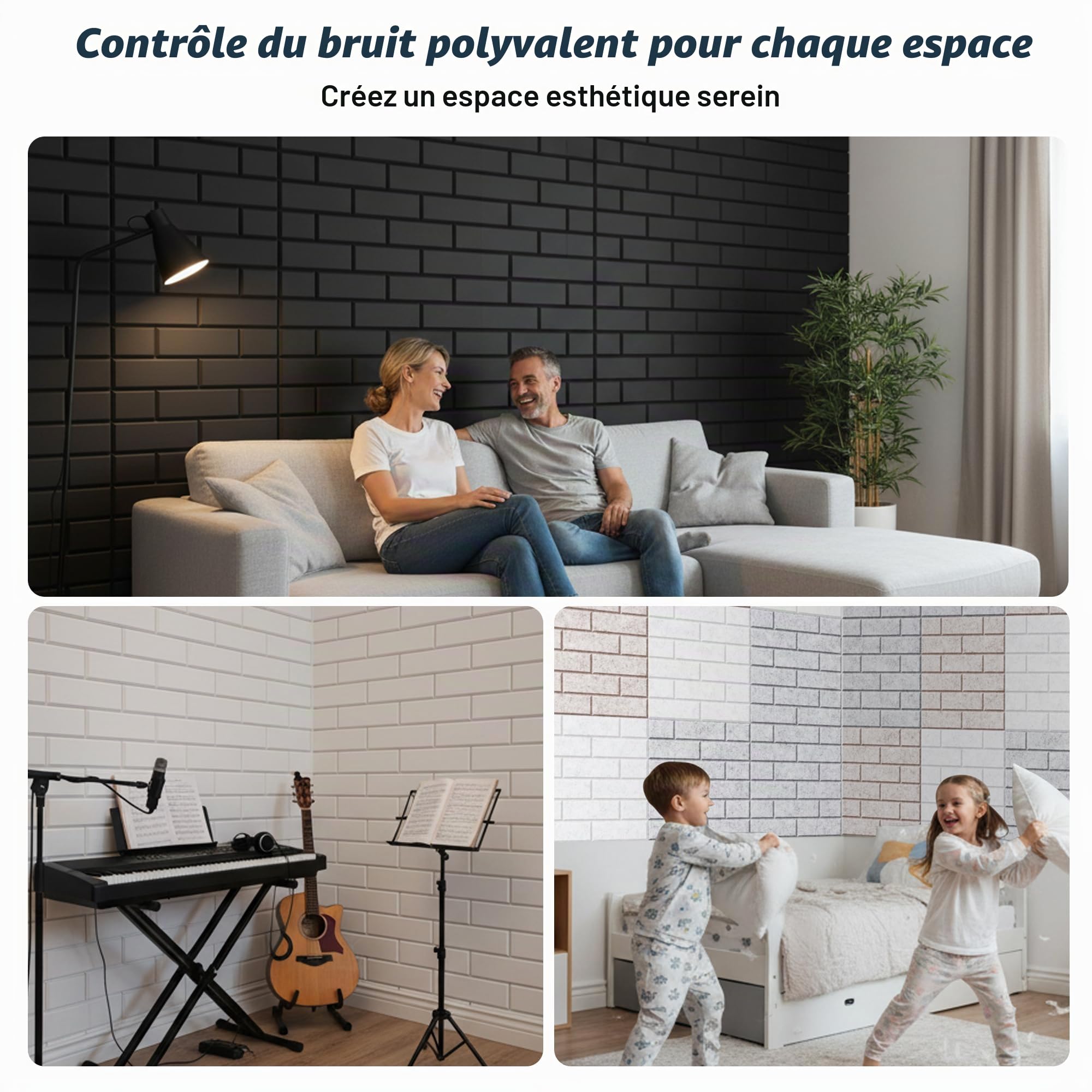 Pack of 12 acoustic carrés haute densité de 12"×12"×0.4", en forme de brique, adaptés pour le salon et toutes les surfaces murales. (Blanc) (Camel clair)