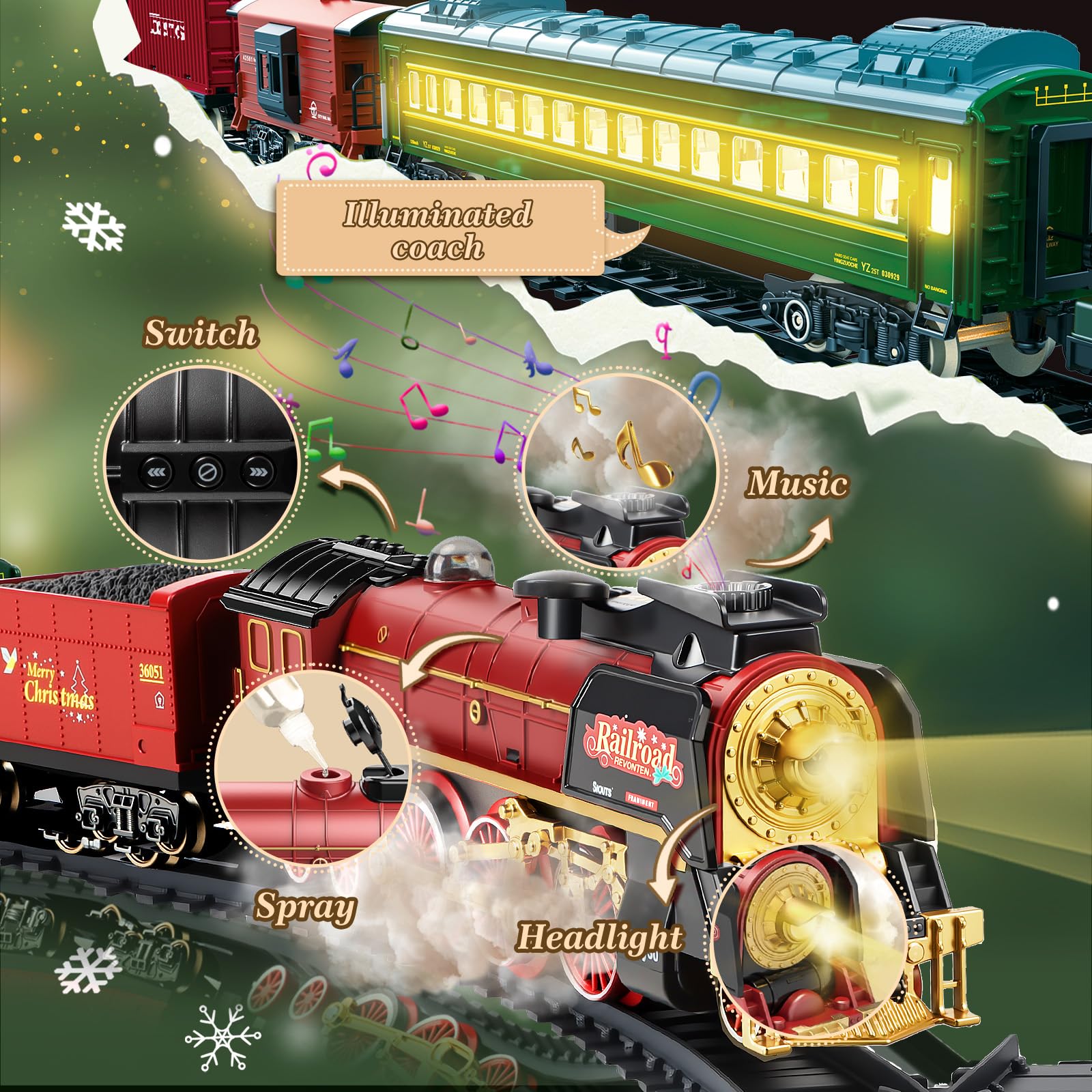 JONRRYIN Tren Electrico Juguete Niños, Trenes Arbol de Navidad Electrico con Mando, Clasico Locomotora Electrica Tren Vapor, Luces y Sonidos, Decoración de Navidad Regalos de Cumpleaños