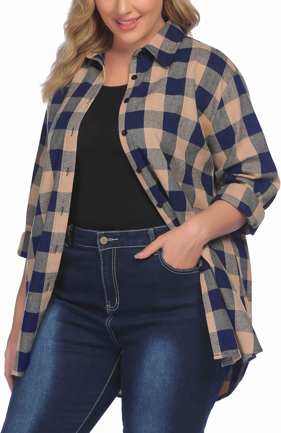IN'VOLAND Womens Plus Size Flannel Plaid Shirt Roll Up Long Sleeve Mid-Long Button Down Shirts Casual Boyfriend Tops 16 Plus - Image 4