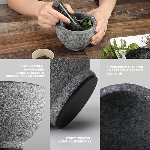 Miniatura 6 de Juego de mortero y mortero de granito africano de lujo, cuenco amolador para guacamole, salsa, trituradora de píldoras, especias, hierbas, ajo,