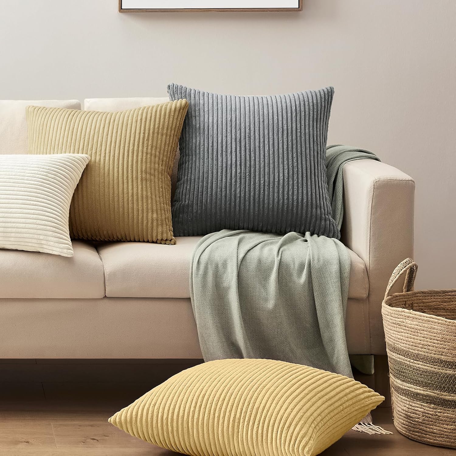 Softalker Corduroy Decorative Pillow Covers 24x24, Set of 2 Soft Striped Throw Pillows Cover, Square Accent Pillow Cases Decor for Sofa Couch Cushion Living Room Bed, Khaki