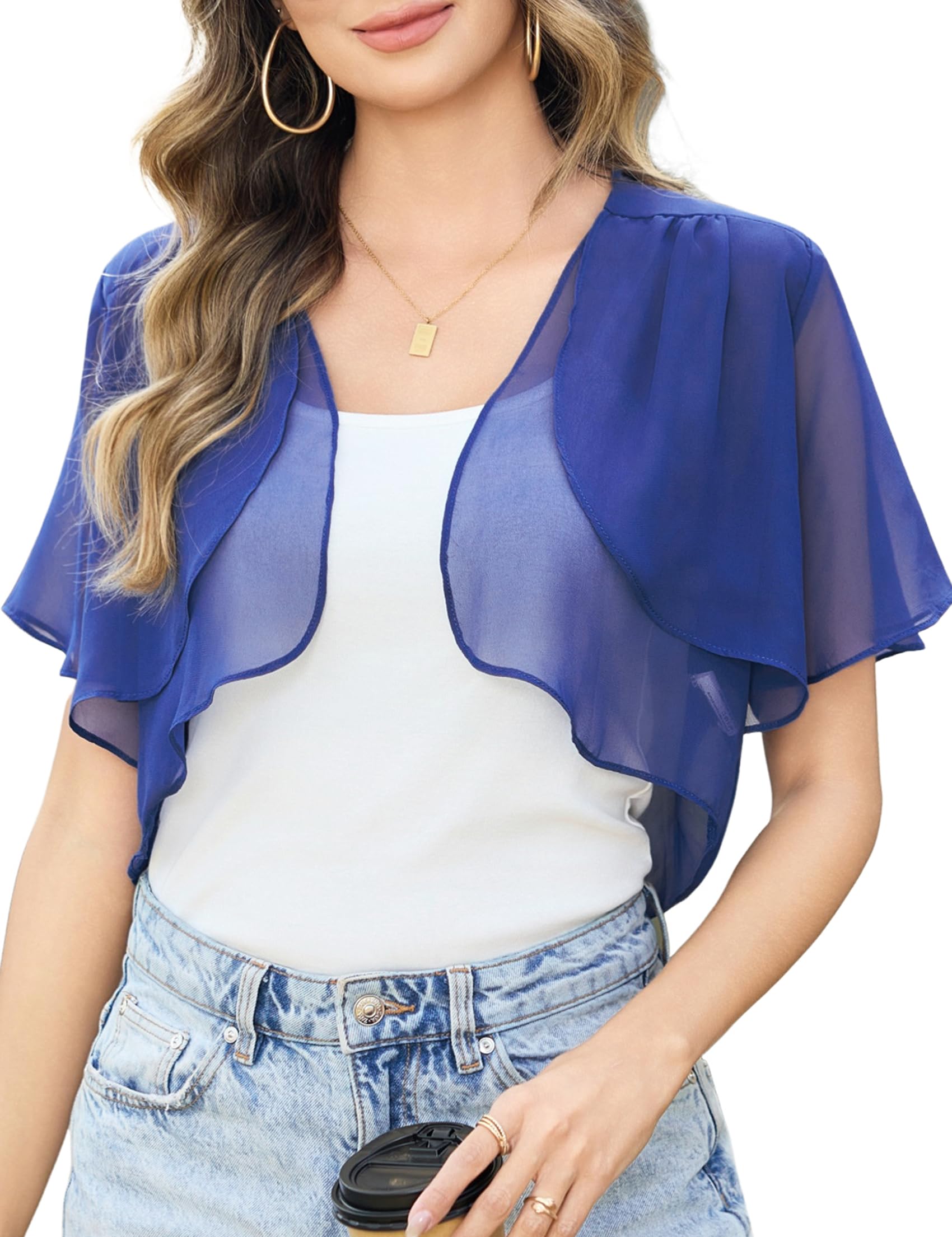 Aottori Damen Chiffon Bolero Festlich 3/4 Ärmel Elegant Shrug Top Kurze Strickjacke Cardigan Open Front Casual Bolerojacke Schulterjacke