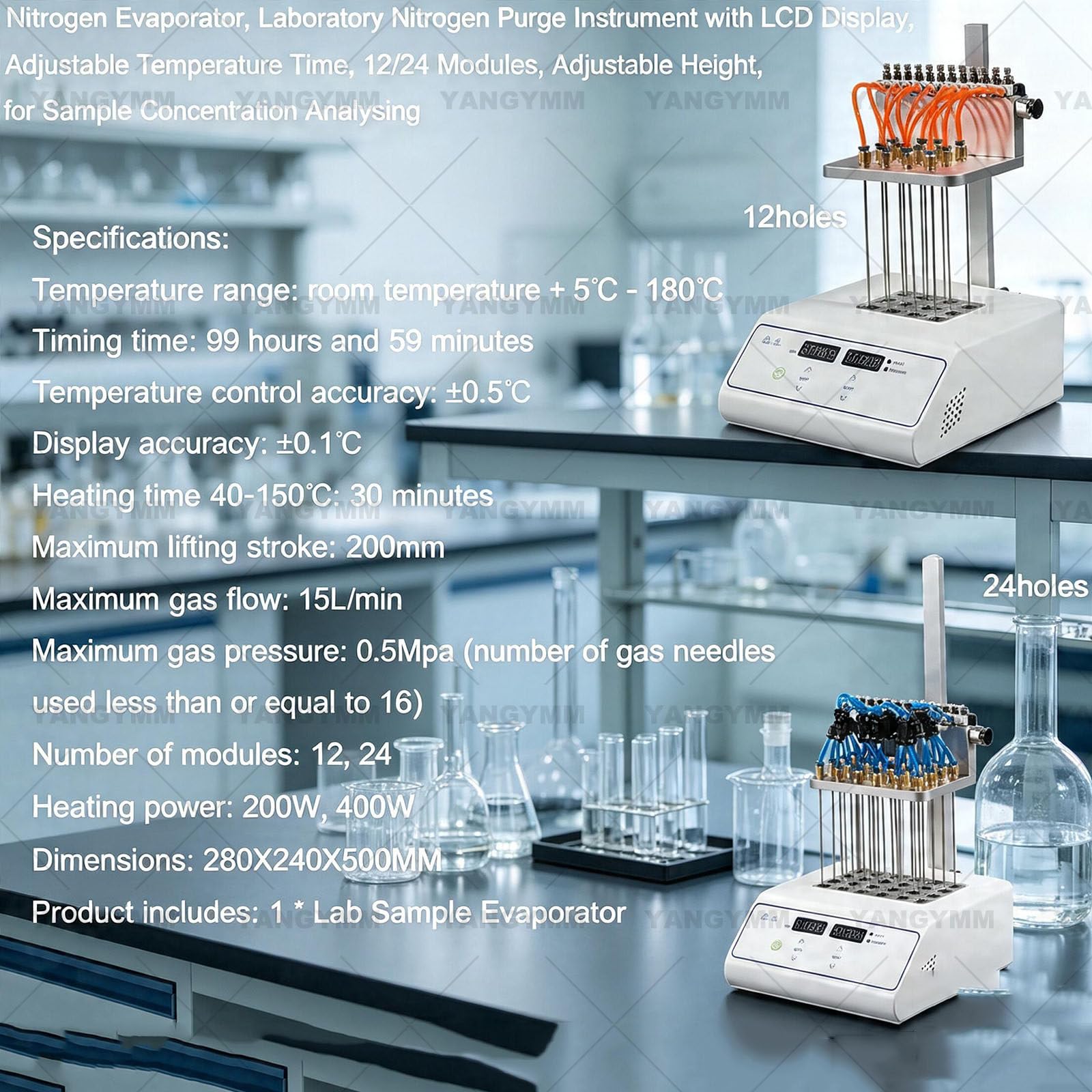 Concentrador De Muestras De Nitrógeno (Sistema Seco) – Unidad de Soplado De Nitrógeno Seco (12/24 Ranuras) 24Módulos | Instrumento de laboratorio de purga de nitrógeno de altura ajustable, con pantalla LCD