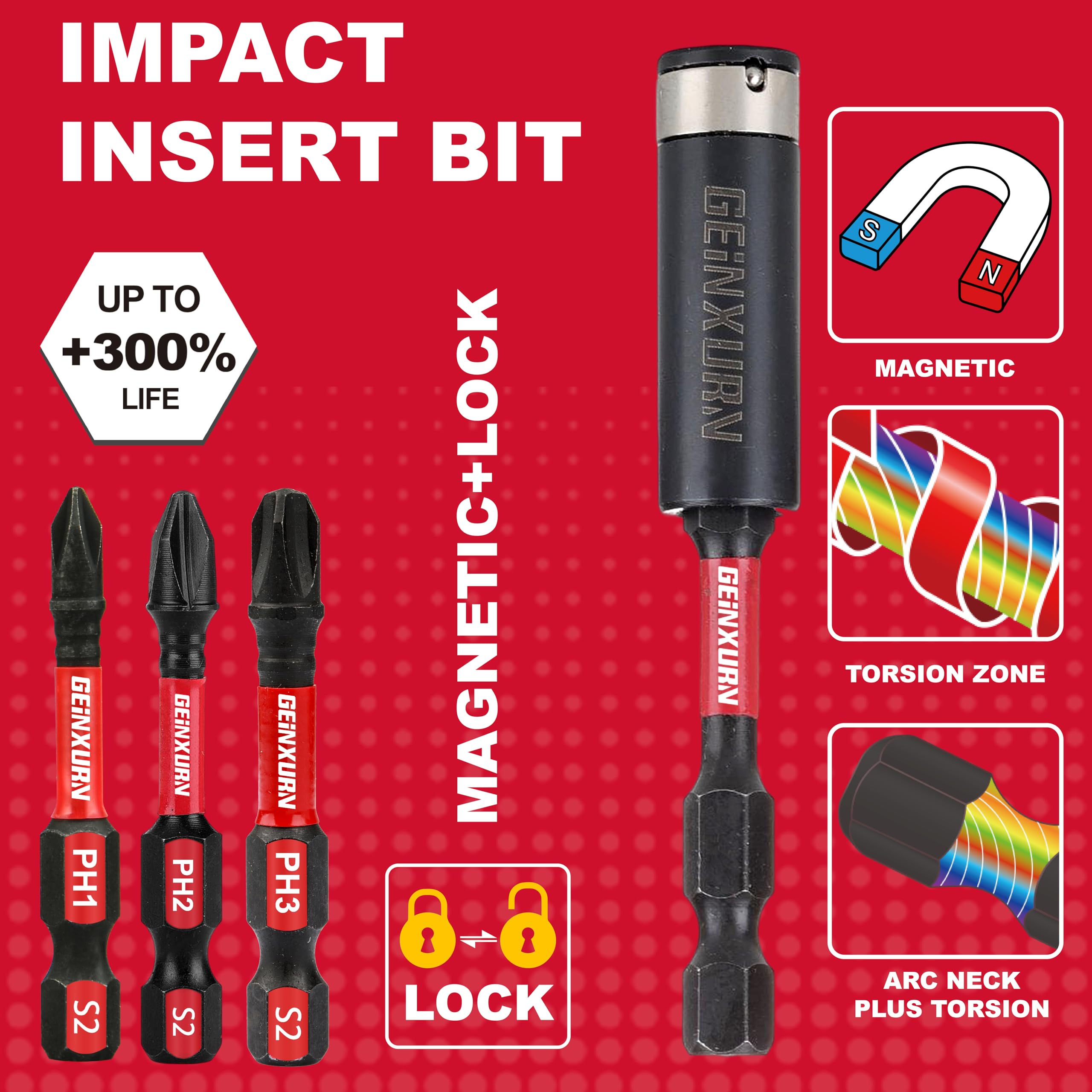 Geinxurn Juego de puntas de destornillador magnéticas antideslizantes hexagonales resistentes a impactos de 2 pulgadas. PH1/PH2/PH3 brocas de destornillador de inserción, paquete de 40 puntas de