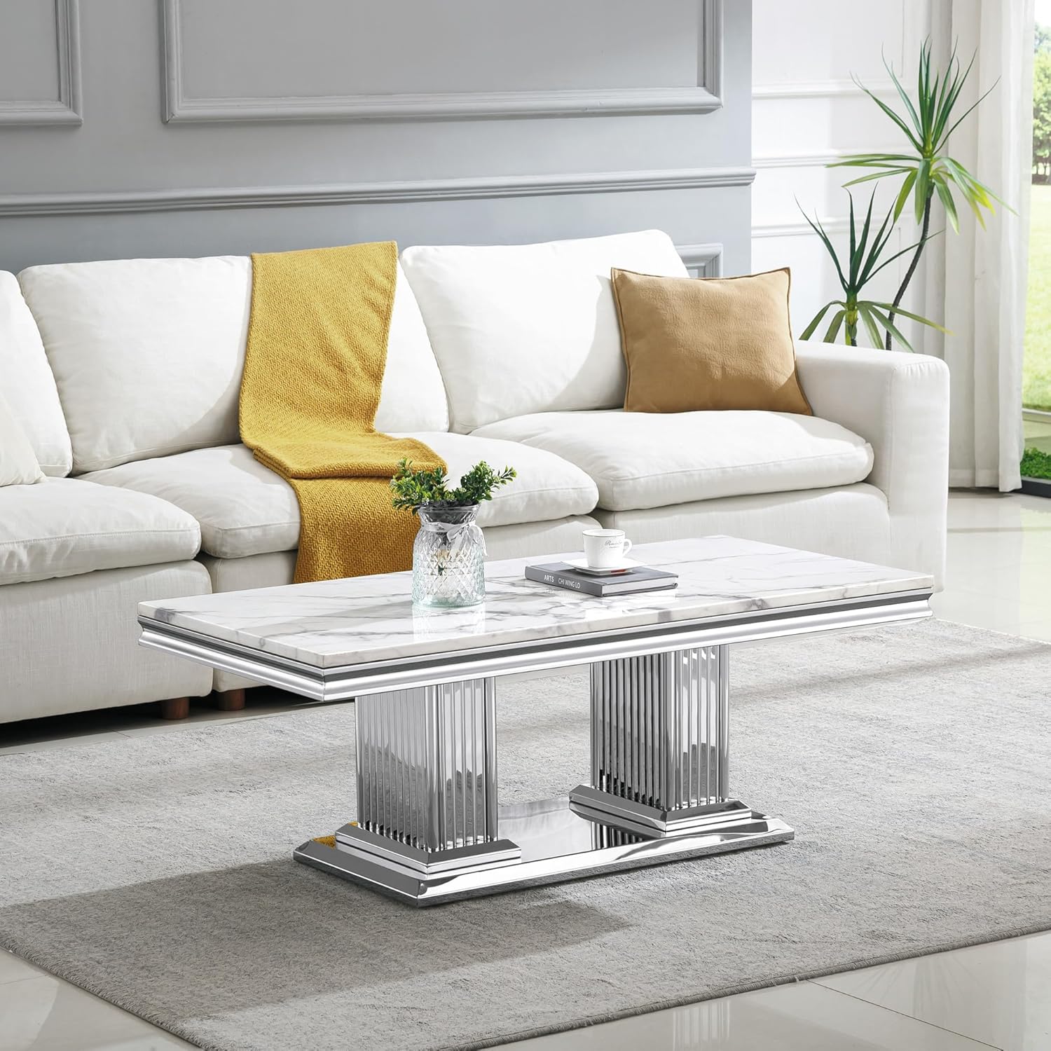SSLine Modern 1 Piece Living Room Coffee Table Luxury Faux Marble Coffee Table with II-Shape Stainless Steel Base for Living Room Bedroom Home Office, Only 1 Coffee Table,White Marble& Silver