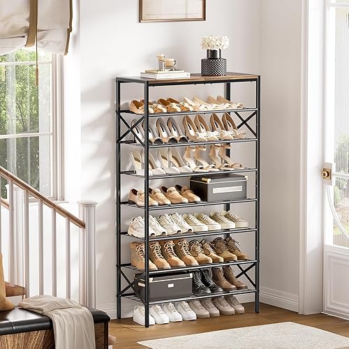 Vista 4 de Zapatero alto de 8 niveles para almacenamiento de zapatos para entrada, 24-32 pares de zapatero de metal para armario, zapatero resistente