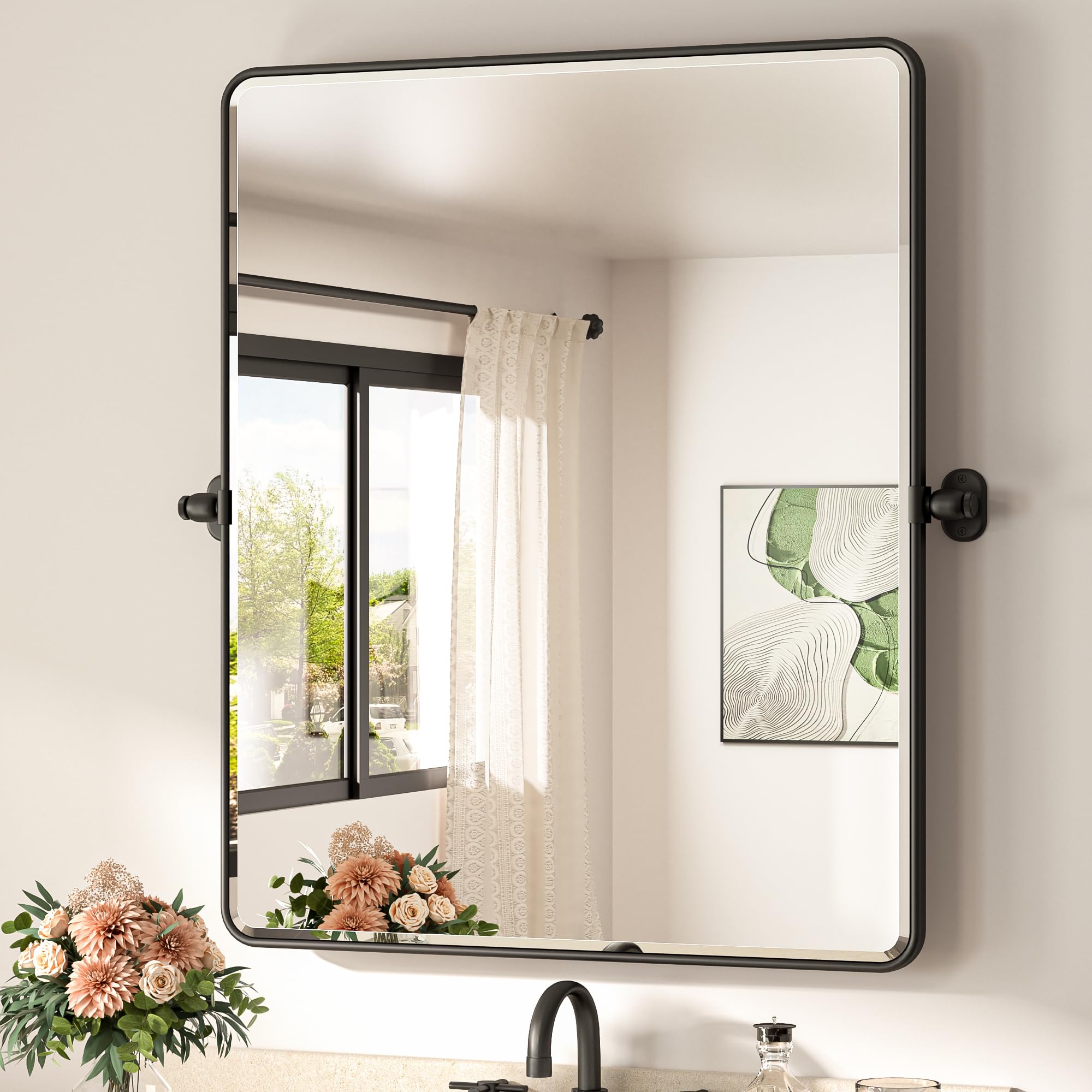 tetote matte black pivot bathroom mirror 30 x 36 tilting beveled rectangle metal framed mirror, farmhouse adjustable tilt rounded corner rectangular vanity mirror, horizontal/vertical, easy to install