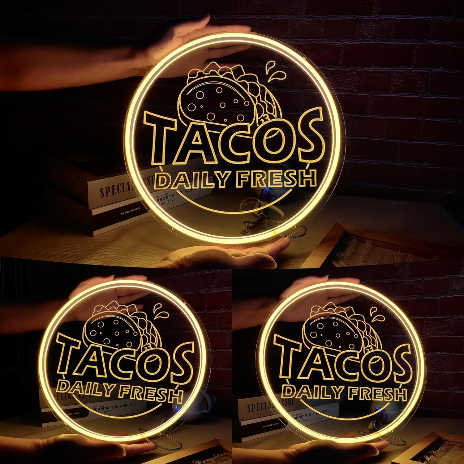 Neon Taco Bar Sign, USB Powered Tacos Burritos LED Light Up Sign for Business Display, Mexican Restaurant Shop Store Decor, Kitchen Dining Room Mexican Fiesta Taco Party Décor, 12”×12”