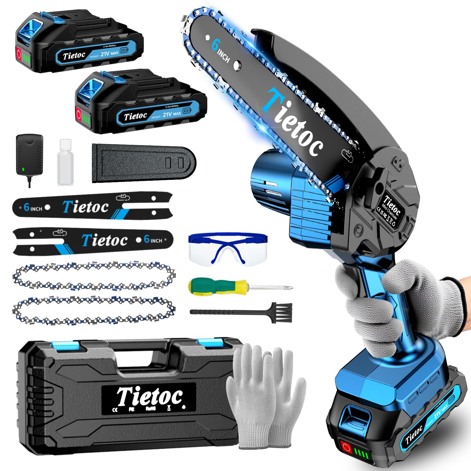 Tietoc Mini Chainsaw, 6 Inch Chain Saw Cordless, 880W Powerful Electric Handheld Chainsaw with Automatic Oiler, with 2 Batteries and 2 Chains, Tree Trimmer Gardening Tools Gift for Men, Father, Dad