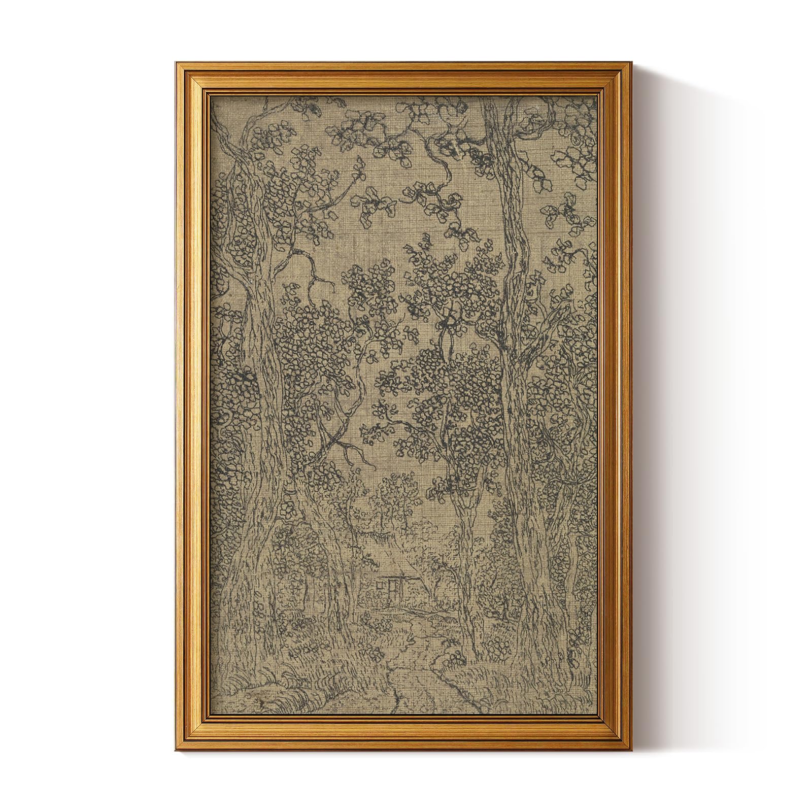 HUARCEY Gold Framed Canvas Wall Art, Antique Sketch Landscape Pictures Vintage Decor, Bedroom Kitchen Shelf Decor, Dark Moody Retro Country Farmhouse Canvas Paintings, 16x24inch