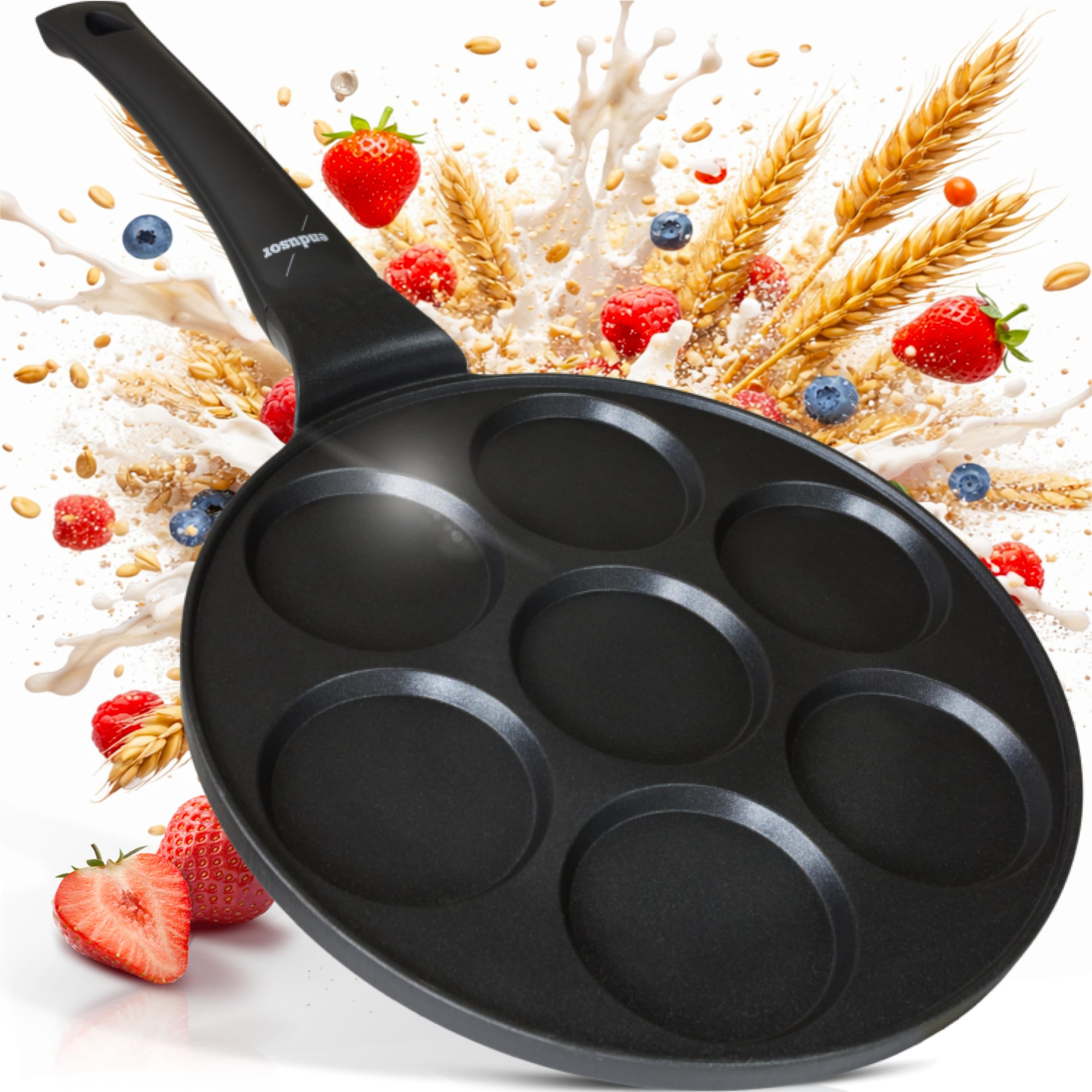 endusor Pancake Pfanne Induktion - Spiegeleipfanne Ø26cm mit 3-fach PowerShield-Beschichtung. Für alle Herdarten: Induktion Ceran Gas Elektro. Pfanne mit 4 Formen für Pancakes, Eier und Pfannkuchen