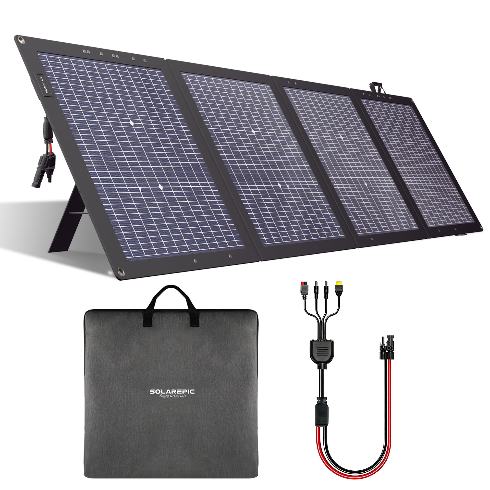 Pannello solare pieghevole da 220 W, monocristallino bifacciale, 25,9 Voc, ad alta tensione, impermeabile, per centrali elettriche portatili, campeggio, camper, con cavalletto e borsa per il trasporto
