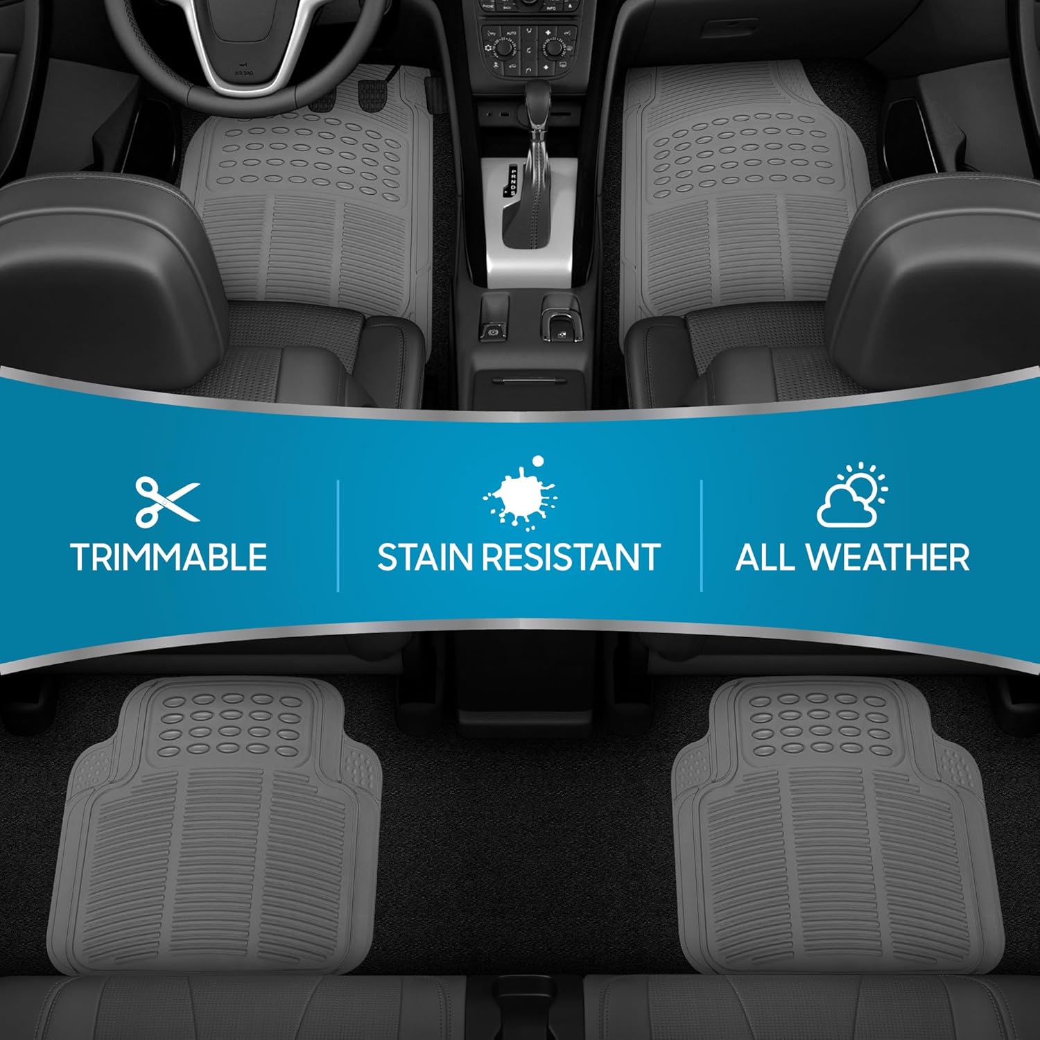 BDK All Weather Rubber Floor Mats for Car SUV & Truck - 4 Pieces Set (Front & Rear), Trimmable, Heavy Duty Protection (Grey), 1 Count (Pack of 1) - Image 2