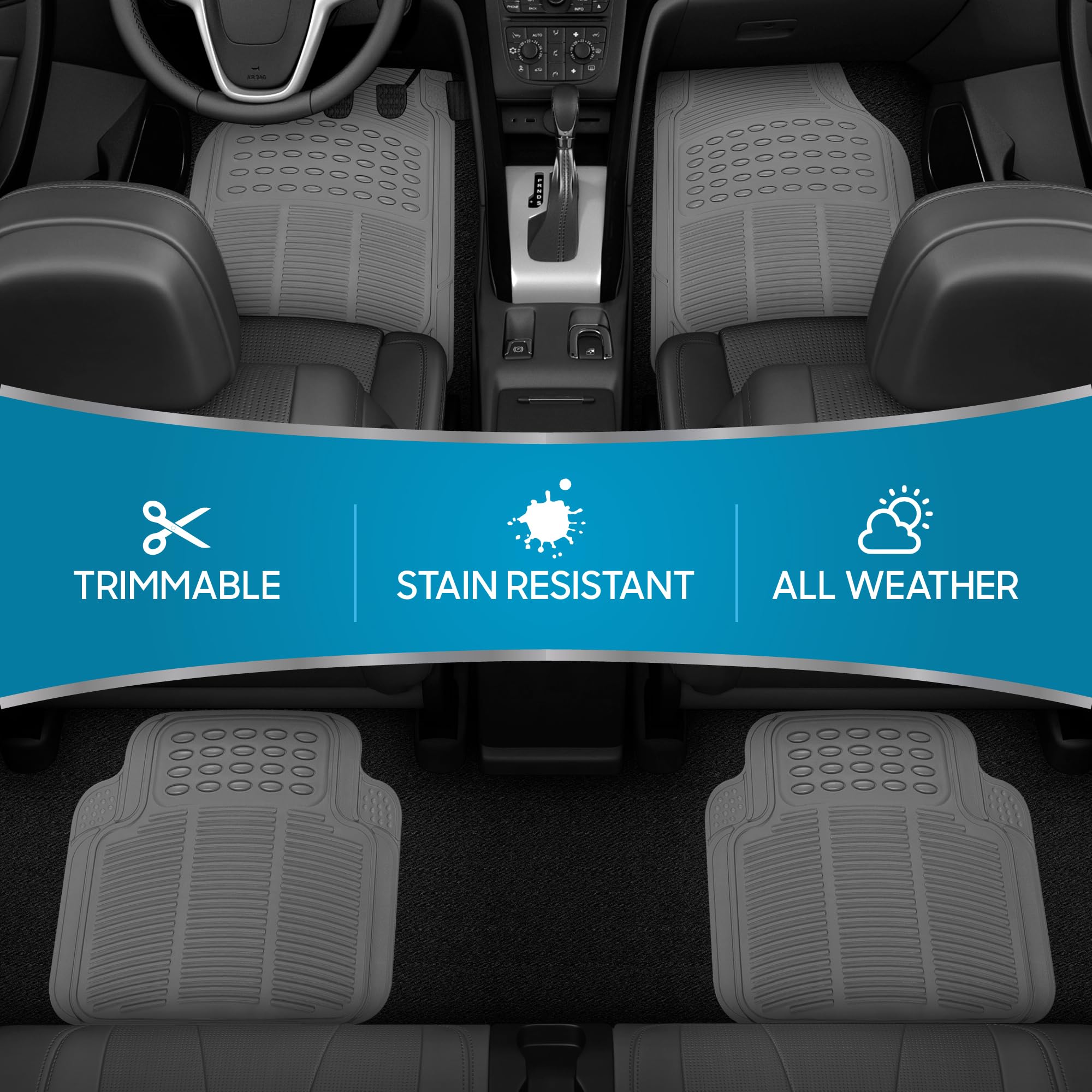 BDK 3-Piece Gray Rubber Floor Mats Front Rear Heavy Duty Universal Fit Liners for Cars SUVs Trucks Vans — view 2