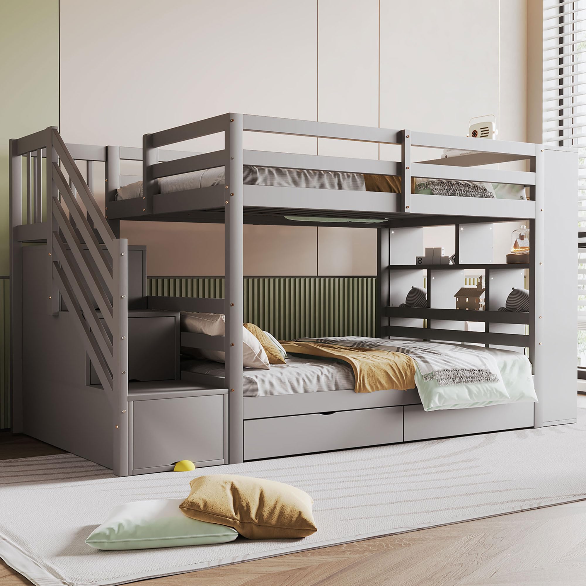 Etagenbett 90×200,Kinderbett mit Stauraum Treppe,Jugendbett mit 2 Schubladen/großen Schließfächern/Sicherheitszaun Kiefernbett mit Lattenrost,ohne matratz (Grau)