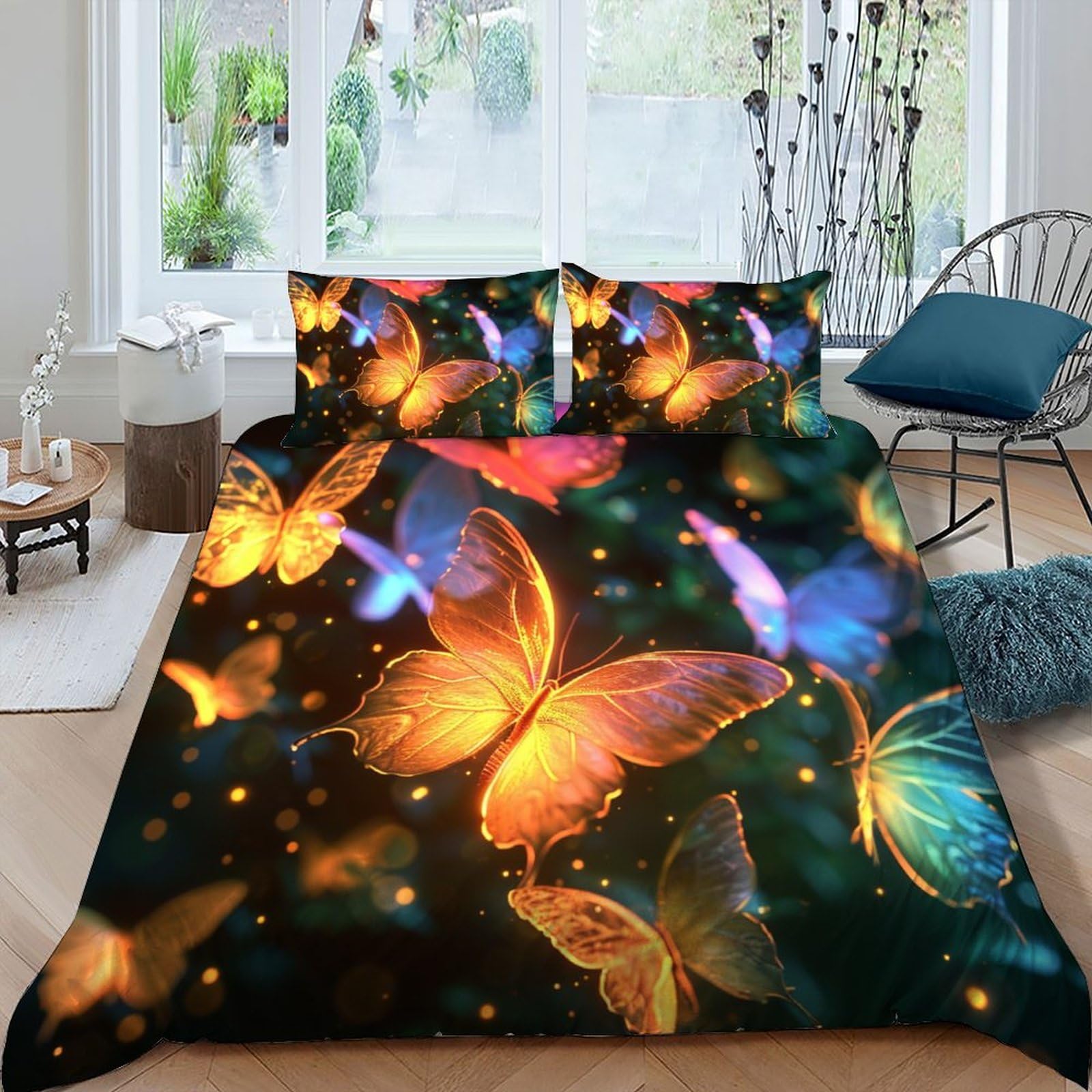 Housse de couette papillon lit king parure microfibre infroissable 240