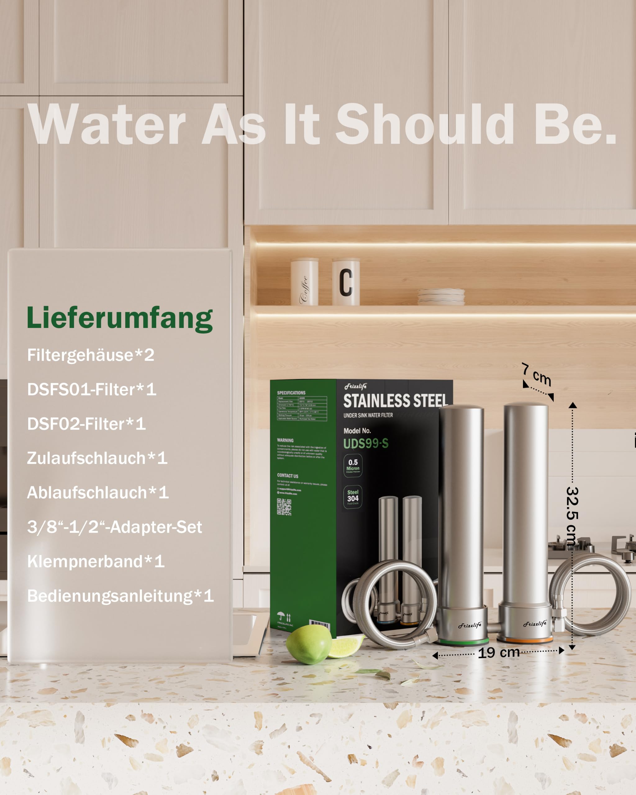 Frizzlife UDS99-S Untertisch-Wasserfiltersystem, 8-stufige Wasserfilterung mit Direktanschluss, 0,5 Mikron, reduziert 99,99% Blei, Chlor, Schwermetalle, Kalk und Kalkstein, Edelstahl，Blaue Ausgabe