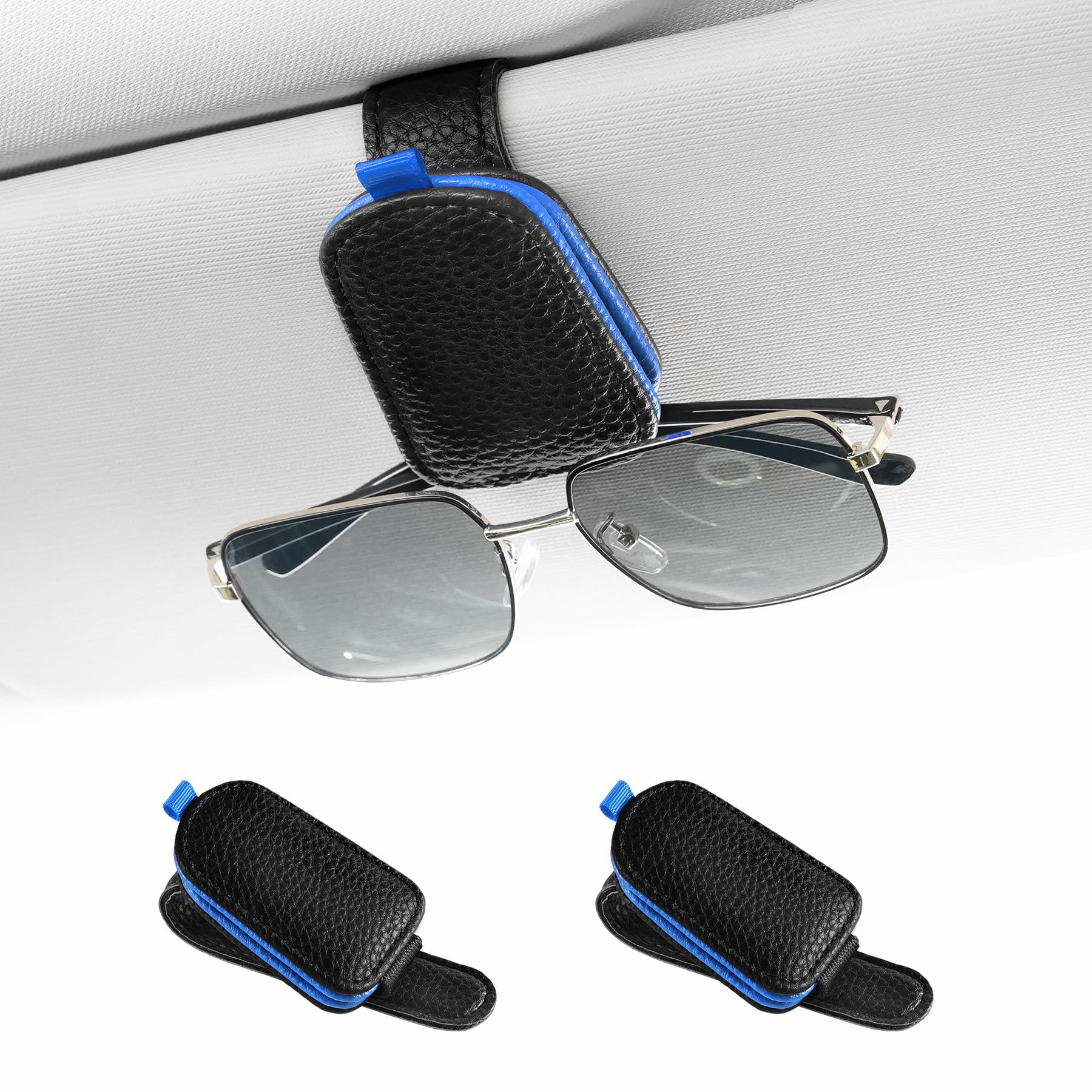 SINGARO Sunglasses Holder for Car, Leather Magnetic Buckle Sun Visor Sunglass Clip, Ticket Card Storage Glasses Clip, Car Interior Accessories for Men and Women(2PCS Black-Blue)