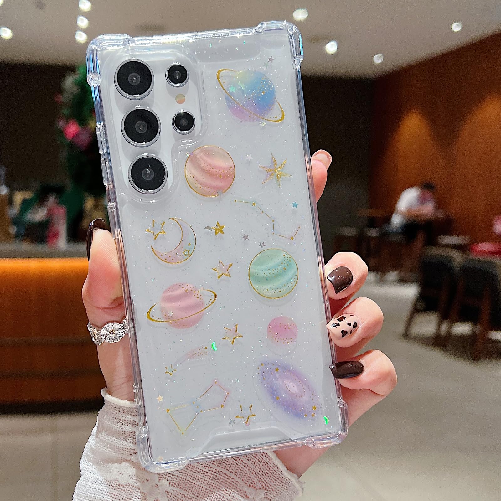 Changjia Funda transparente con purpurina para Samsung Galaxy, diseño de mariposas, planetas, estrellas, luna, universo, poliuretano termoplástico suave, a prueba de golpes, para mujer (transparente,