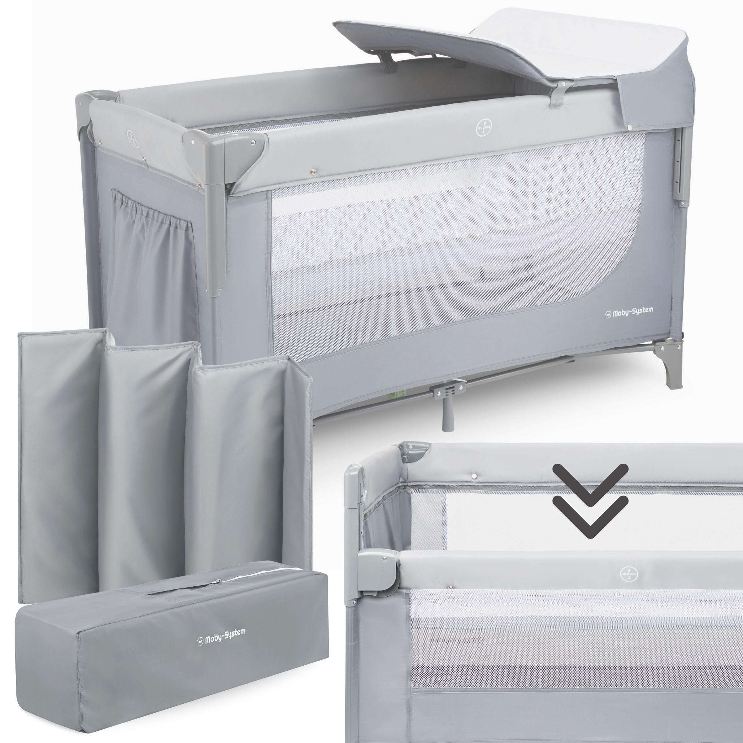 Moby-System Closely 3in1 Beistellbett Baby - Reisebett Baby mit Wickelauflage, Matratze, Transporttasche - Höhenverstellbares Beistellbett, Laufstall (6 Teile)