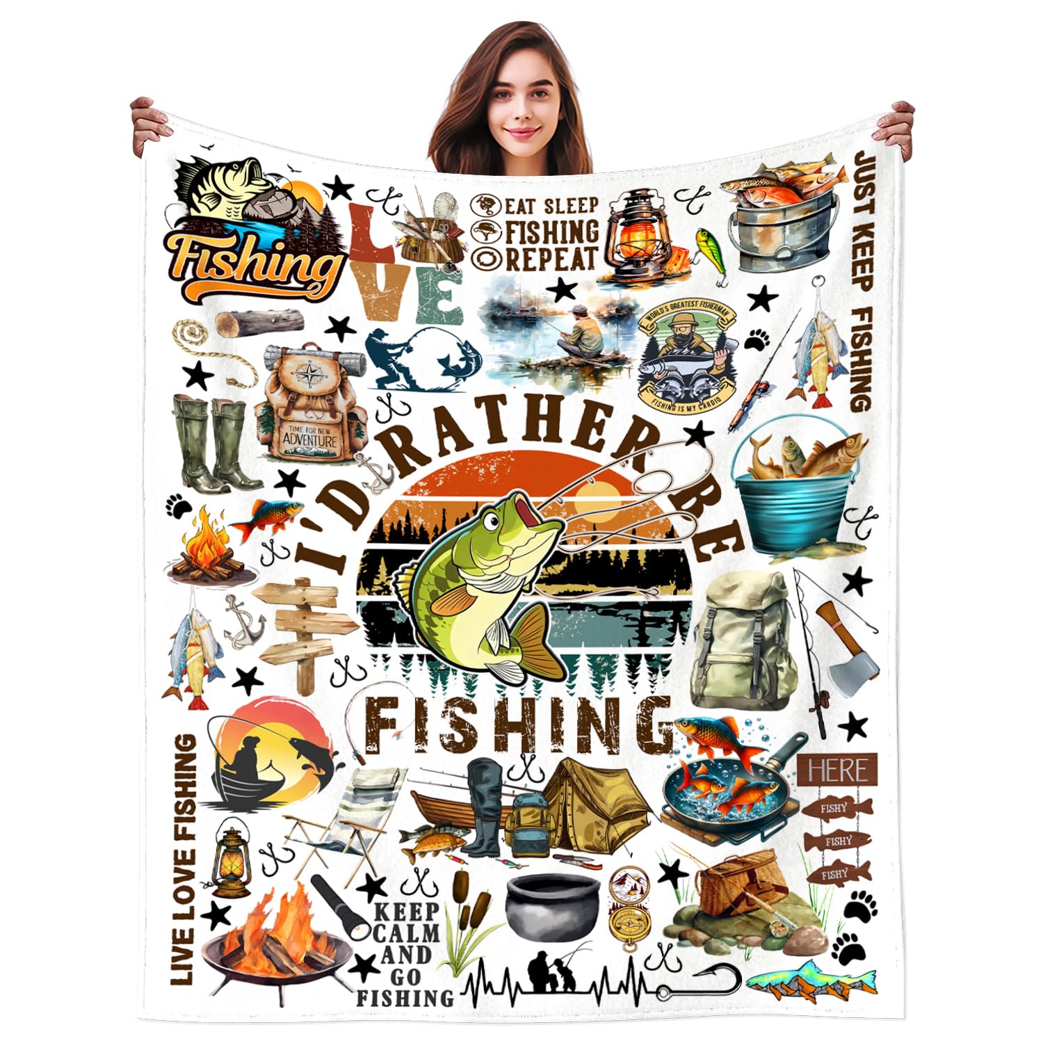 Dikogogo Women's Fishing Gifts For Men Funny Fish Throw Blanket With Fish Accessories Stuff Plush Blankets For Men Adults Fisherman Lovers Christmas Birthday Gifts Party Decorations 50"X40"Inch