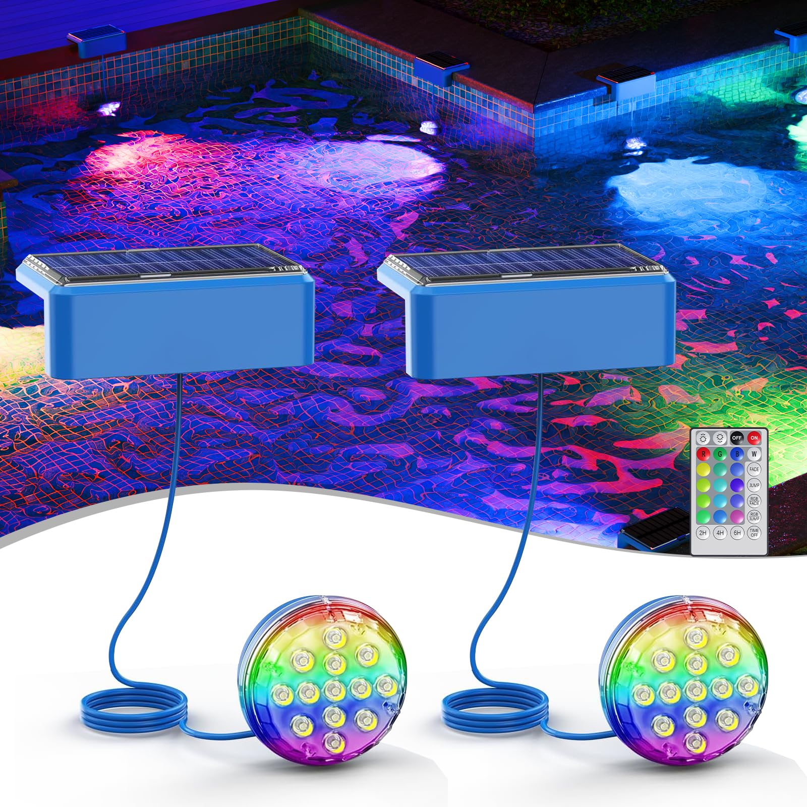 Quntis Luz Solar Piscina, RGBW Magnético Luces Solares Piscina Sumergible IP68 Impermeables,Control Remoto Sin Cable, Luces Led Para Piscinas, Acuarios, Estanques, 2 Paquete