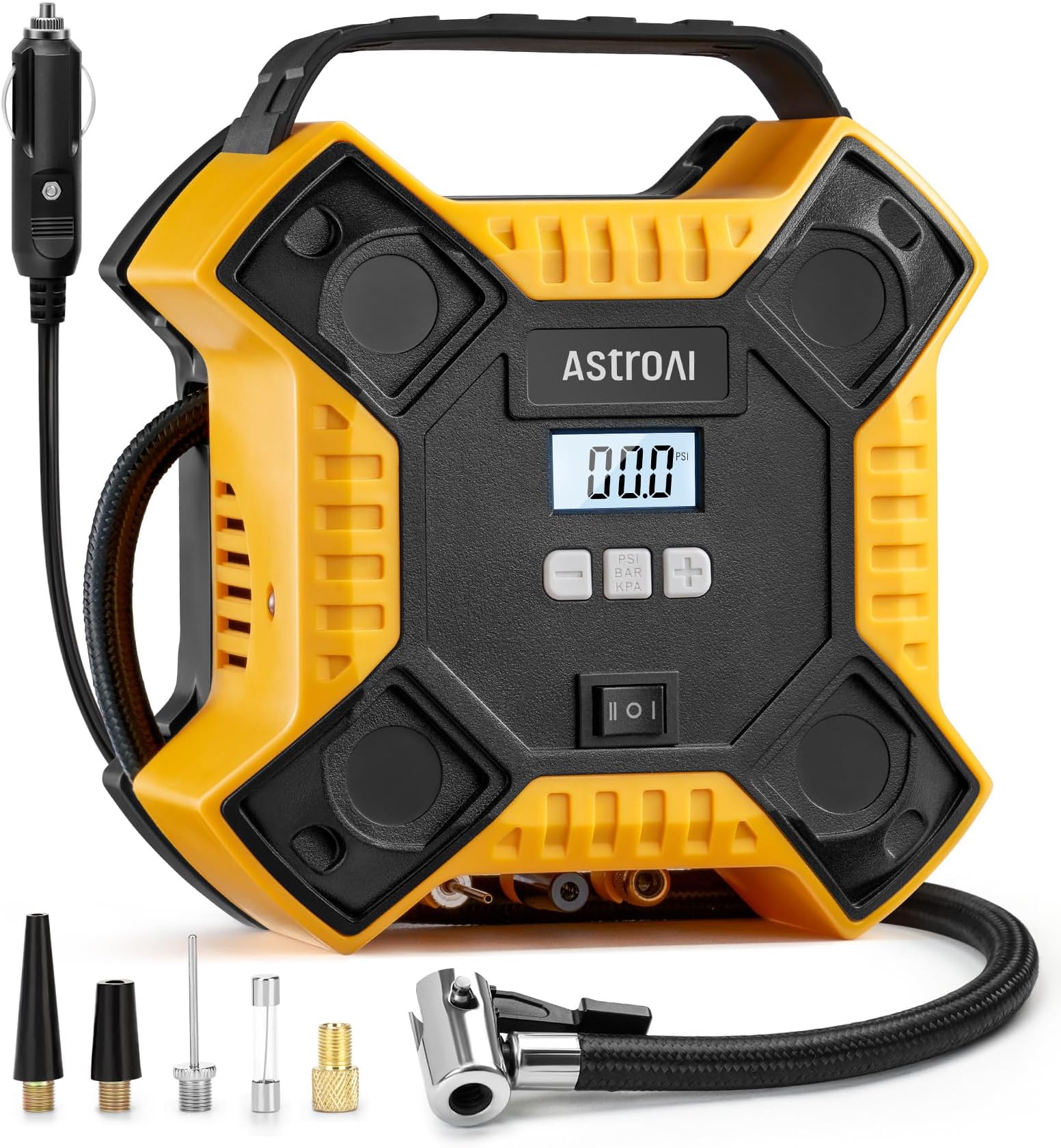 Air Compressor Tire Inflator Portable Air Pump for Car Tires, 12V DC Integrated Metal Structure Tire Pump 160PSI with LED Light for Cars, Bicycles, Motorcycles, and Other Inflatables(Yellow)
