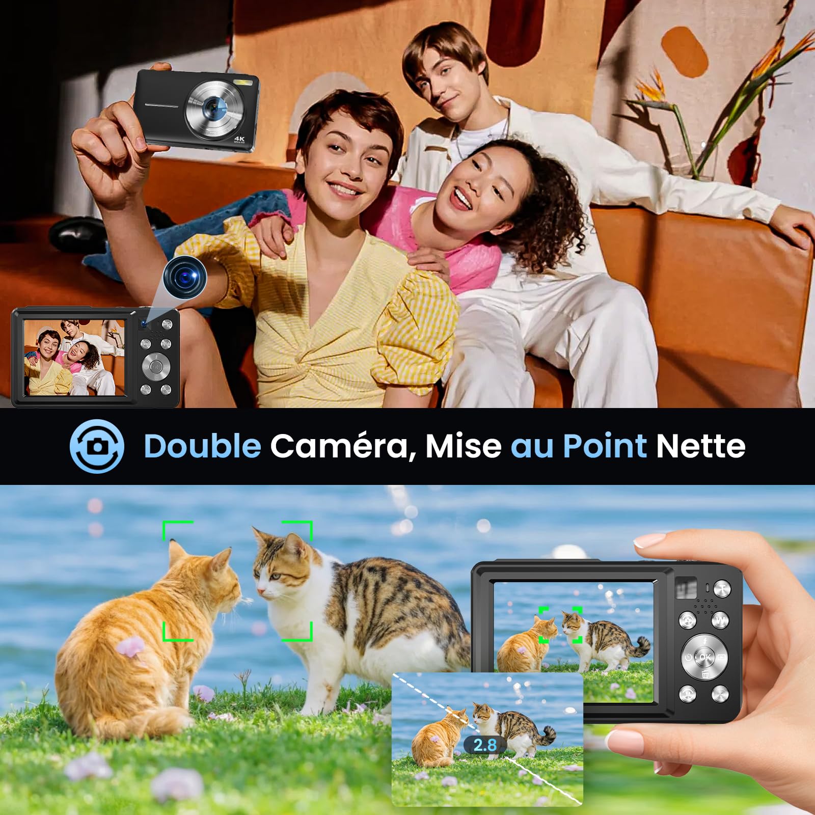 Appareil Photo Numérique 4K 64MP Appareil Photo Compact avec Double Caméra, Autofocus, Écran IPS 2,8", Zoom Numérique 16X, Anti-Tremblement, 2 Batteries, Carte 32GB pour Adolescents, Débutants