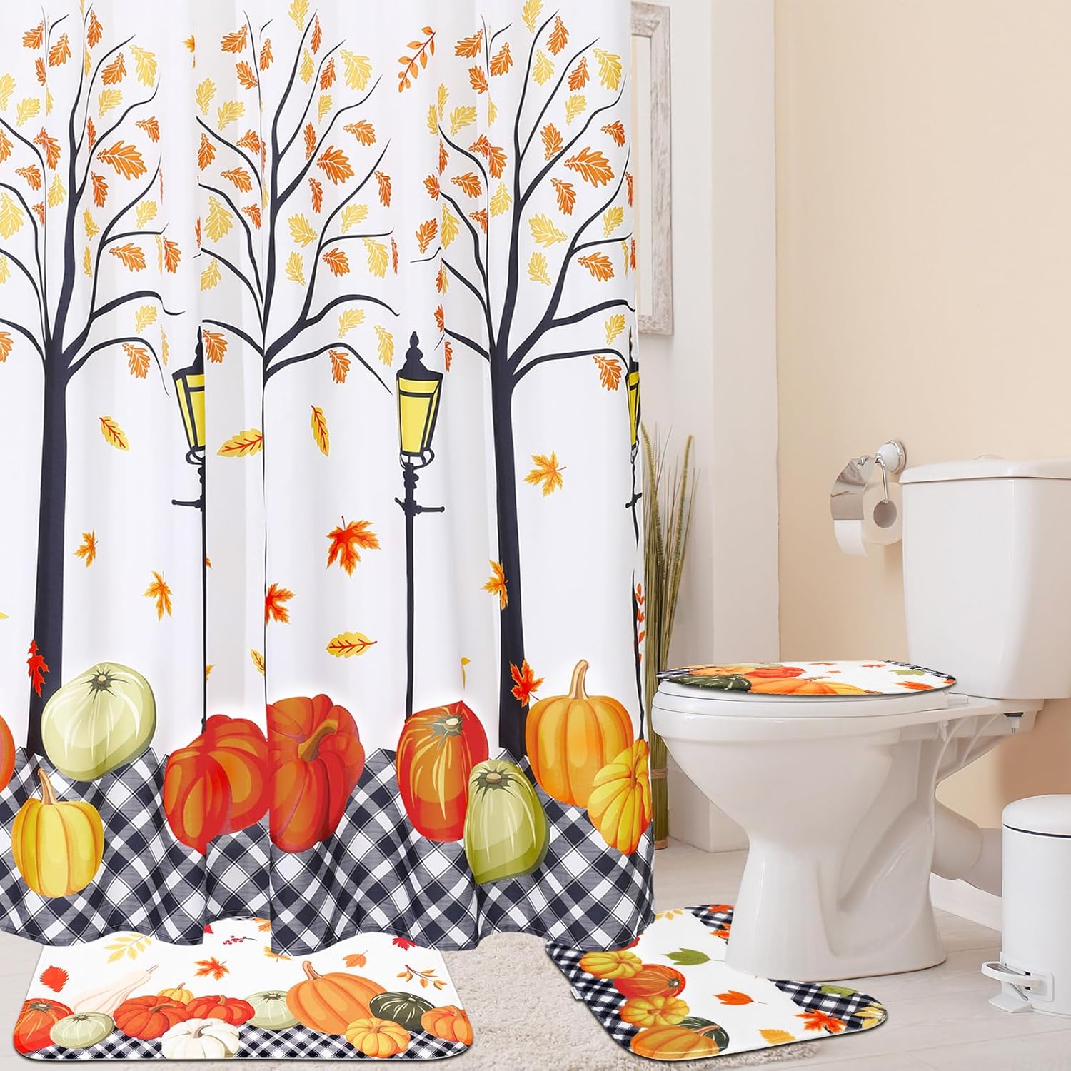 4 Pcs Thanksgiving Shower Curtain Set with Rugs, Leaves Fall Pumpkin Shower Curtains for Bathroom with Non-Slip Rug Toilet Lid Cover Bath Mat and 12 Hooks for Thanksgiving Shower-Room Home Decor