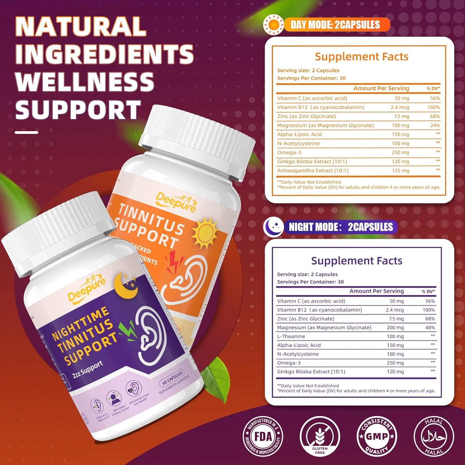 Deepure Tinnitus Auditory Support Capsules-Day & Night Formula with Magnesium Ginkgo and Ashwagandha for Focus,Sleep,Inner Ear Comfort Promote Quieter Mental Clarity Non-GMO Vegan Formula 120 Count