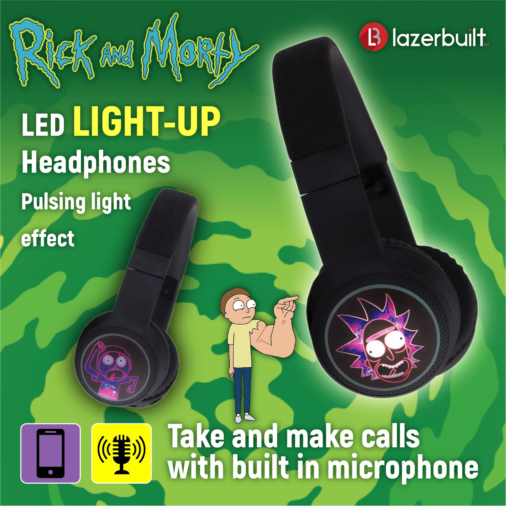 Bigben Rick & Morty - Auriculares inalámbricos Bluetooth V5.0 2 en 1, diseño Iluminado con micrófono para Hacer y Tomar Llamadas telefónicas. Controles de Auriculares y Diadema Ajustable.