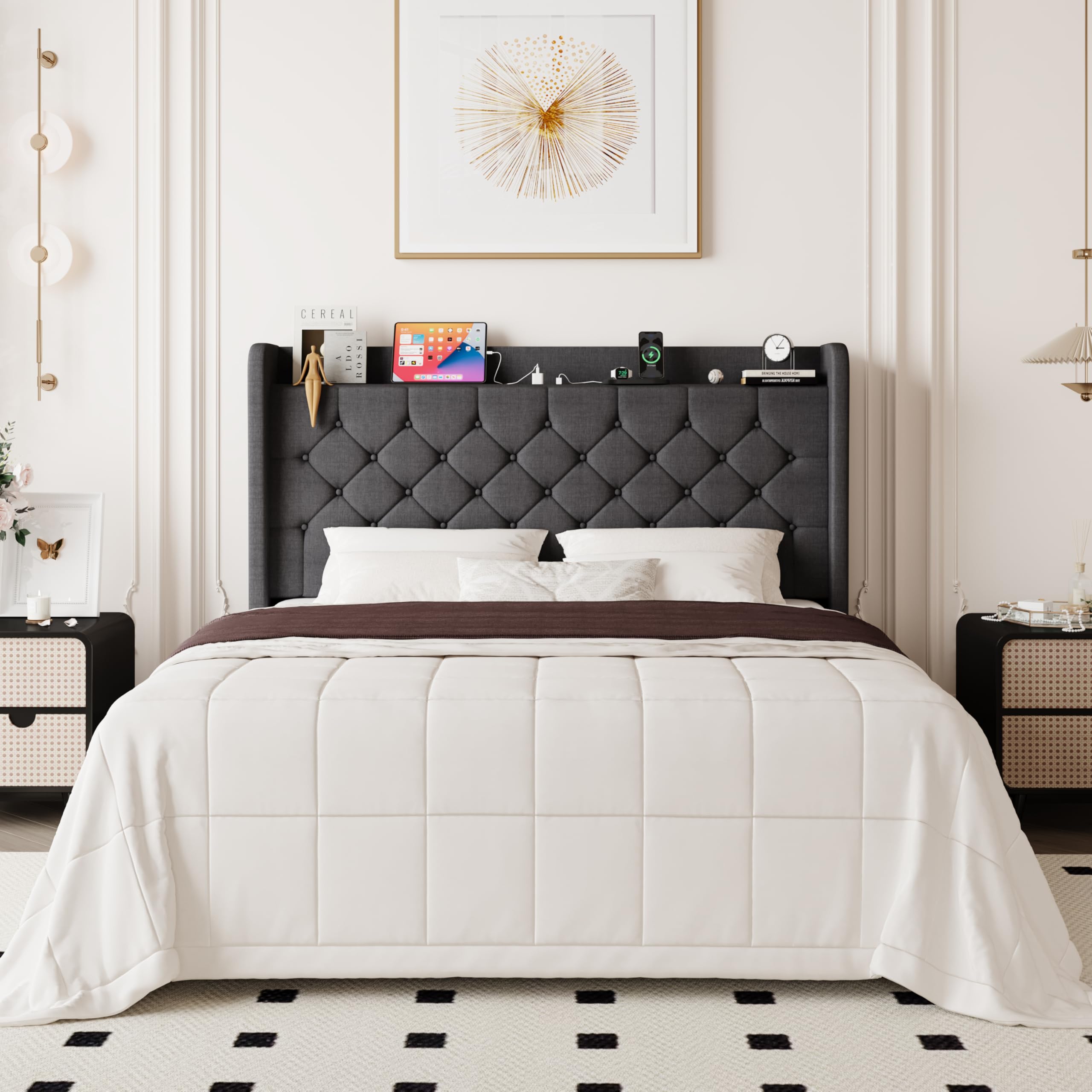 Allewie Queen Size Bed Frame, Storage Headboard with Charging Station, Wingback Linen Upholstered, Diamond Stitched Button Tufted, Sturdy Wooden Slats, No Box Spring Needed, Easy Assembly, Dark Grey
