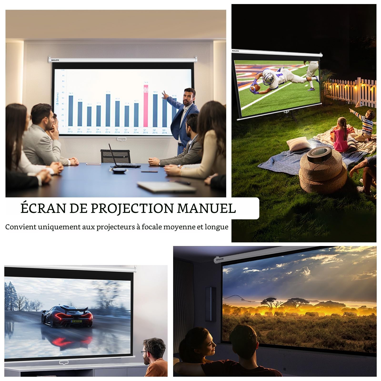 WASJOYE Écran de Projection Manuel - Universal 100" Toile Videoprojecteur Enroulable Rétractable, Projector Screen avec Verrouillage Automatique, Hauteur d'Ecran réglable, Lunette Noire Masquée