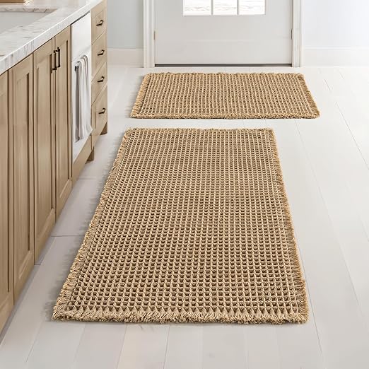 MIULEE Set of 2 Waffle Bathroom Rugs, Boho Bath Rugs Non Slip Washable, Super Absorbent Bath Mats, Ultra Soft Rubber Backed Shower Mats for Bathroom Floor, Tub and Shower, Brown, 18x30 Inch