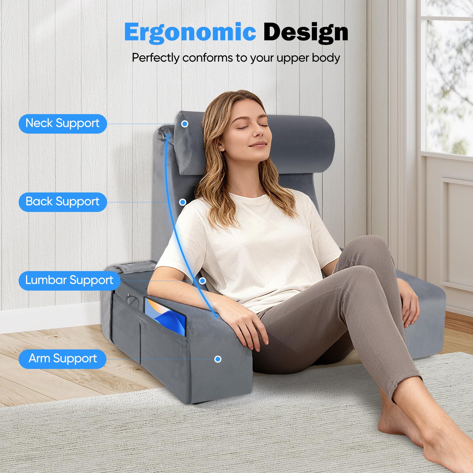 Cuscino da lettura ergonomico con poggiatesta e braccioli rimovibili, supporto per la schiena per letto, divano, pavimento, regolabile per lettura, lavoro e relax