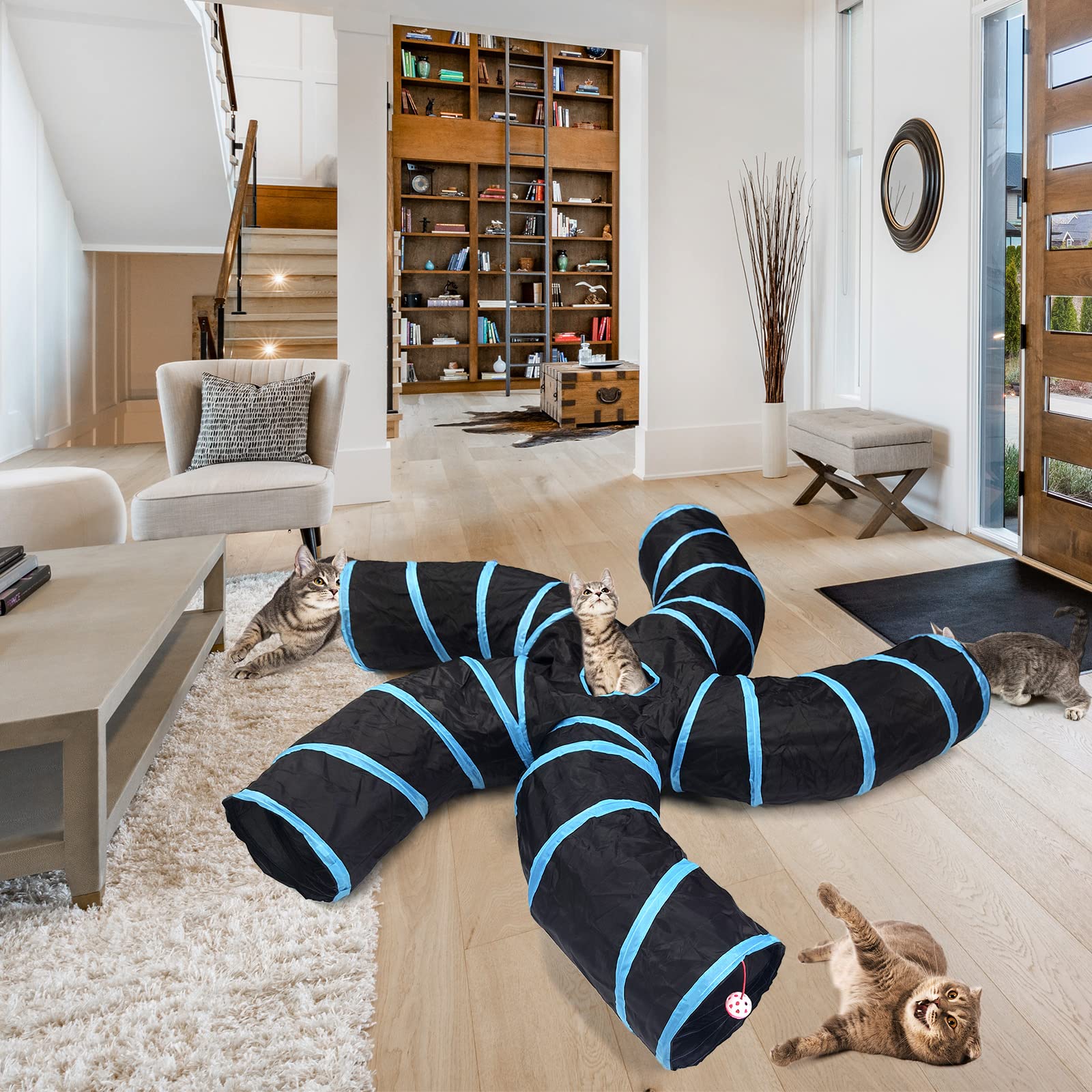 Kattenspeelgoed, opvouwbare kattentunnel, bunny, 2-weg kattentunnel, huisdierspeelgoed, kleine dieren, kat, geschikt voor binnen en buiten (blauw-T