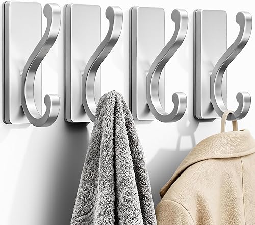 Paquete de 4 ganchos para colgar Ganchos autoadhesivos plateados para colgar ropa, toallas y batas, ganchos adhesivos para puerta, cocina, baño,