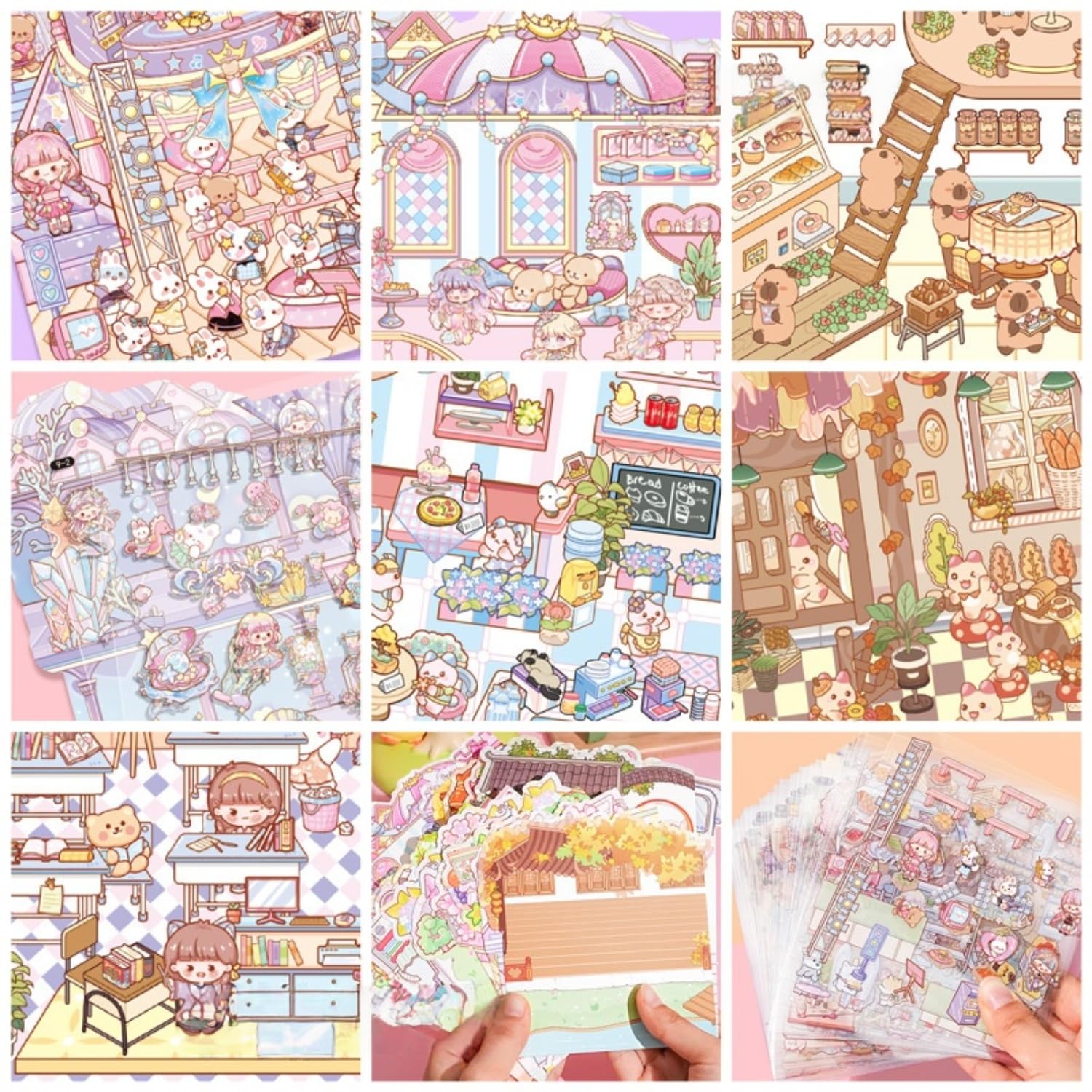 20 Sets 3D DIY House Stickers with Tweezer,Cute Cartoon DIY 3D Sticker Scenes Therapy for Adults Kids Relief Stress Pass The Time,Make Your Own Mini Shop Ticket Office Eedding Scene - Image 2
