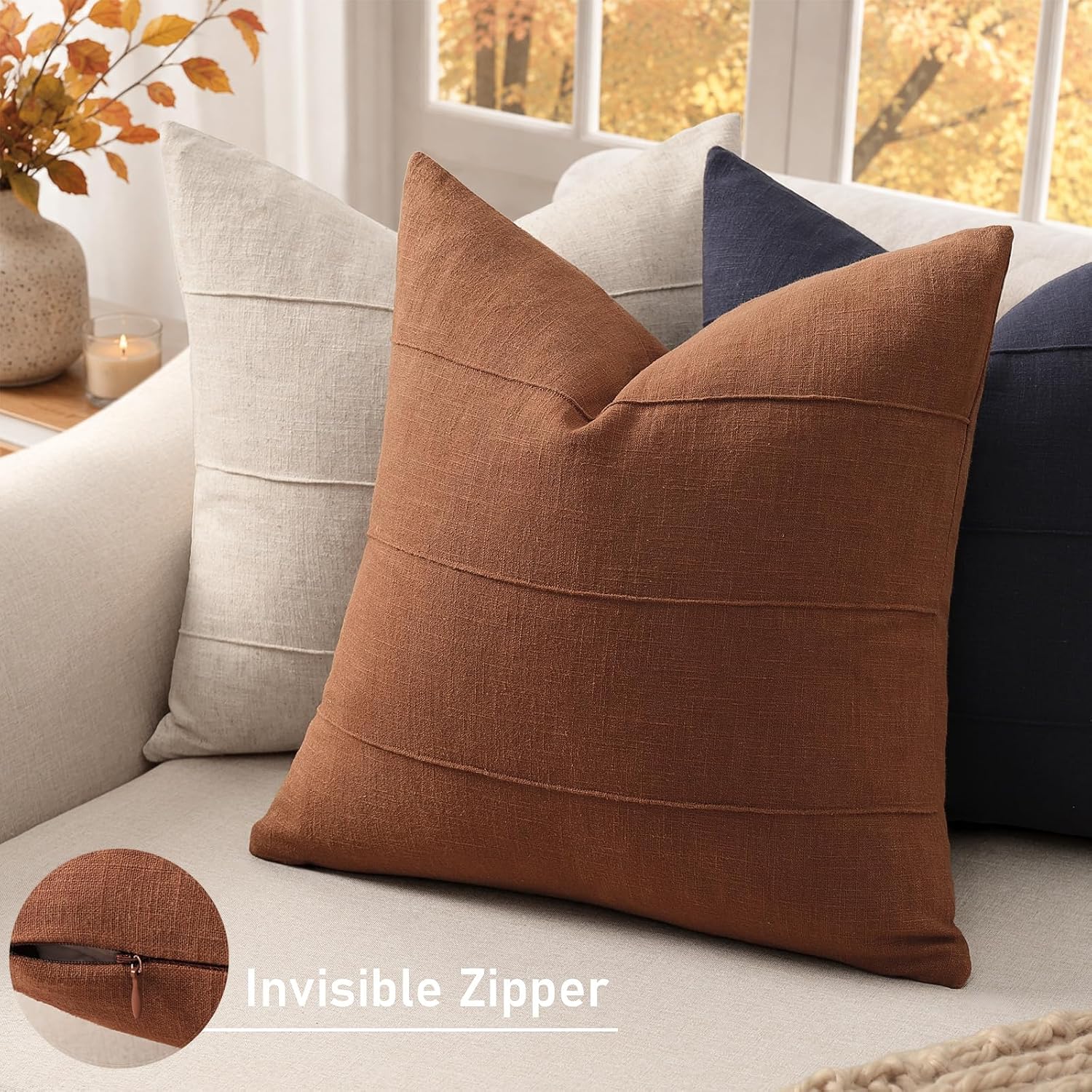 Decorative Linen Throw Fall Pillow Covers 18x18 Set of 2 Solid handcrafted Striped Cushion Covers for Bed Soft Modern Farmhouse Neutral Pillowcase for Couch Bedroom Living Room Home Fall Decor(Rust) image 3