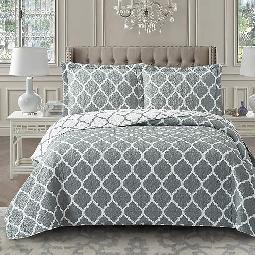 Miniatura 4 de Royal Hotel Bedding Royal Hotel - Juego de colcha de 3 piezas de Meridian King, California King, color gris y blanco