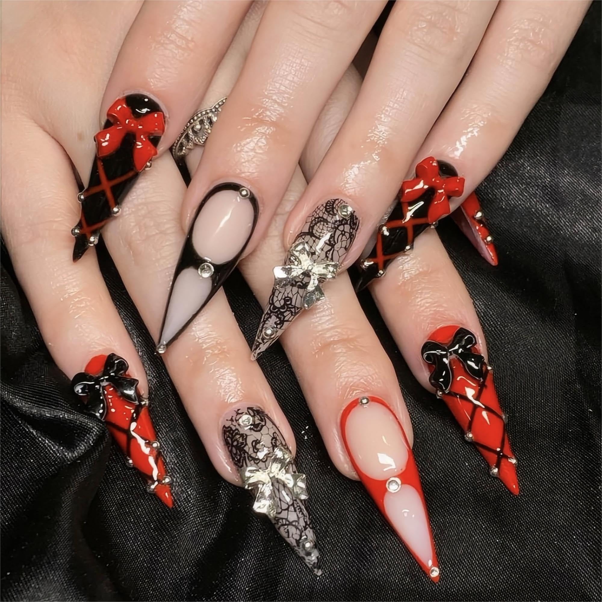 Long Press on Nails Stiletto Fake Nails Red Black French Tip False Nails Glossy Glue on Nail with 3D Bow Design Acrylic Nails Press ons Full Cover