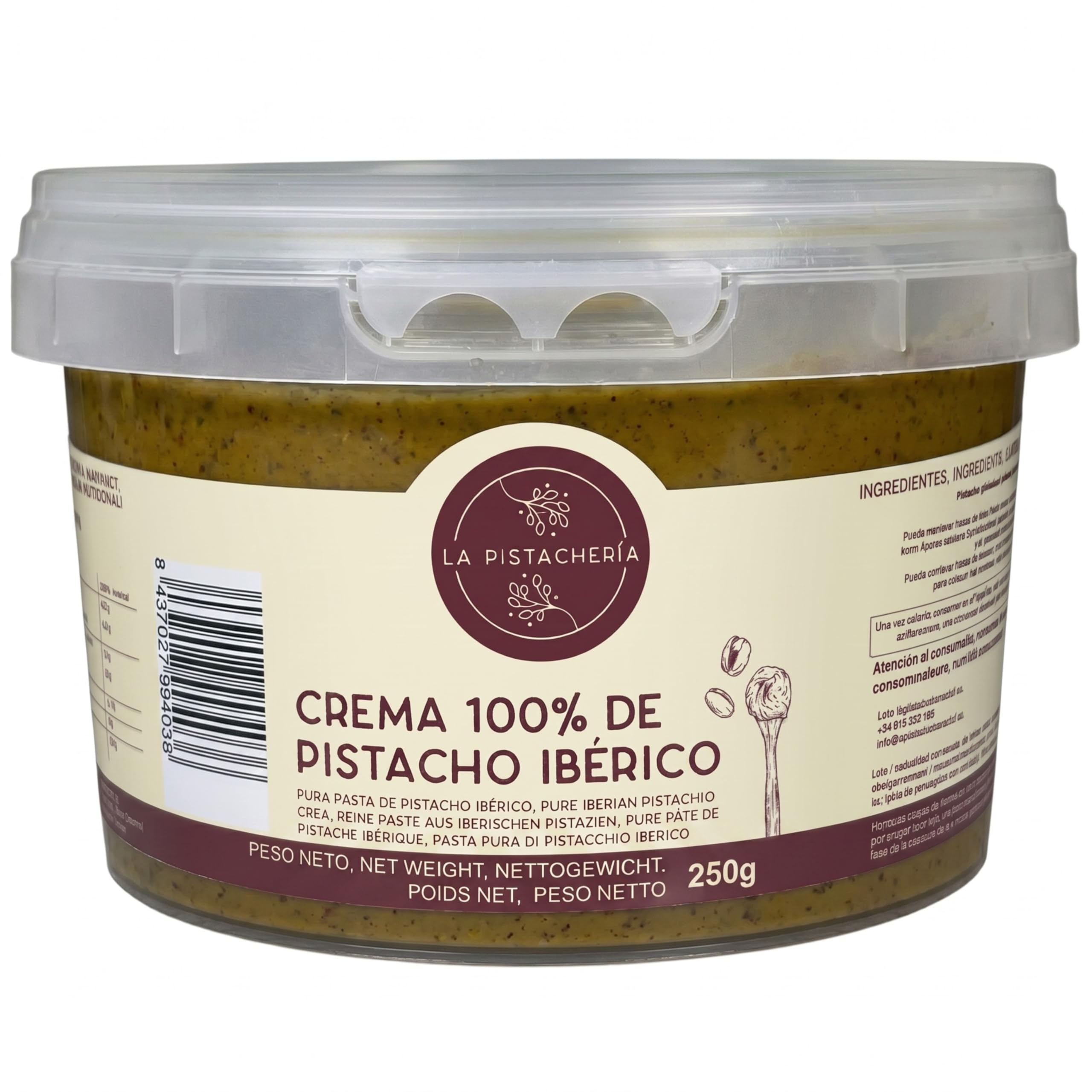 Crema 100% de Pistacho Ibérico – Pasta Pura de Pistacho Natural sin Azúcar ni Aditivos – Textura Cremosa para Postres, Repostería, Desayunos y Recetas Saladas - La Pistachería (250 gr)