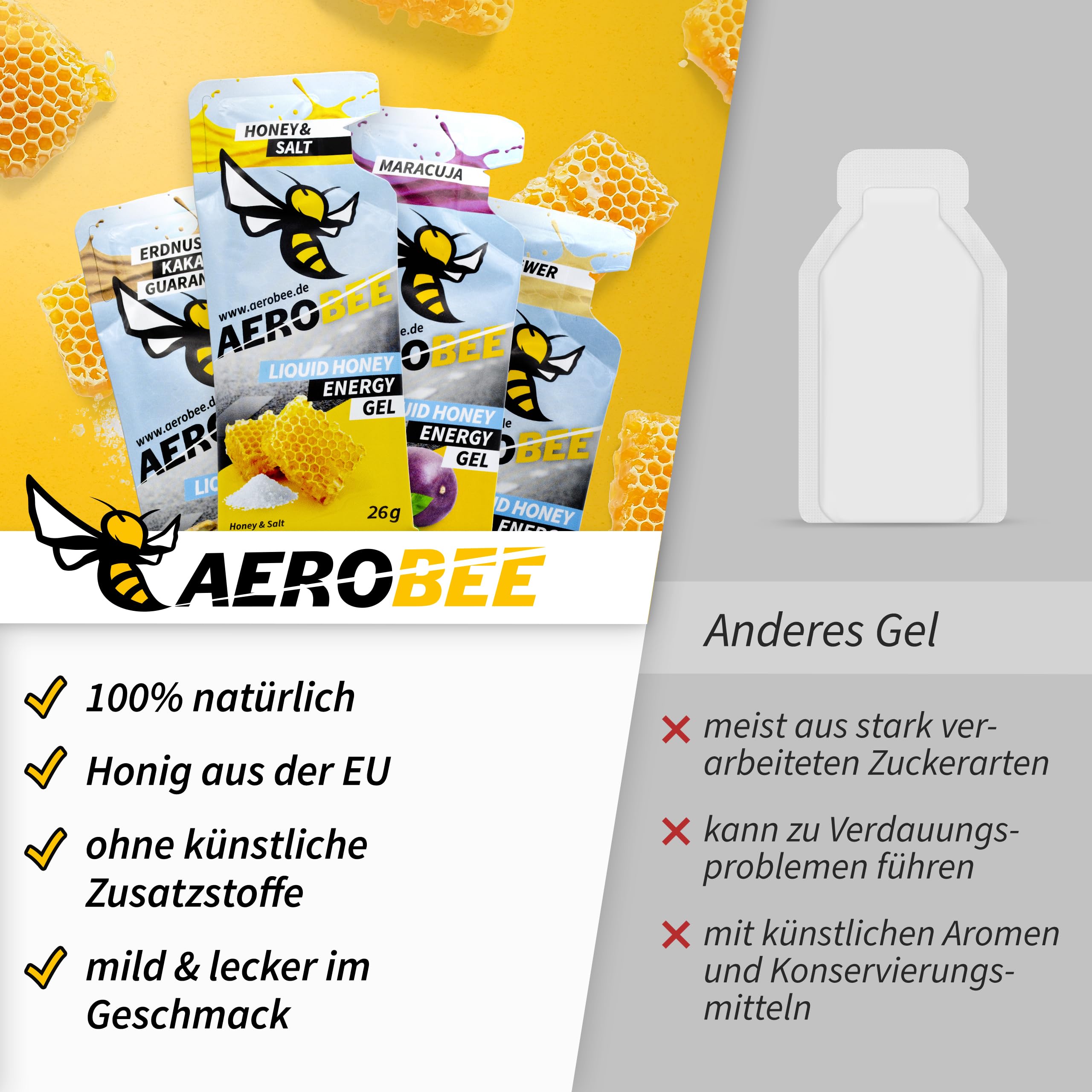 AEROBEE Energy Liquid Gel - Honey & Salt 10x26g [100% Natürliches Energie aus Honig] richtig leckeres Sportgel für den Ausdauersport, Energy Gel Laufen, Power Sport, Kohlenhydrate