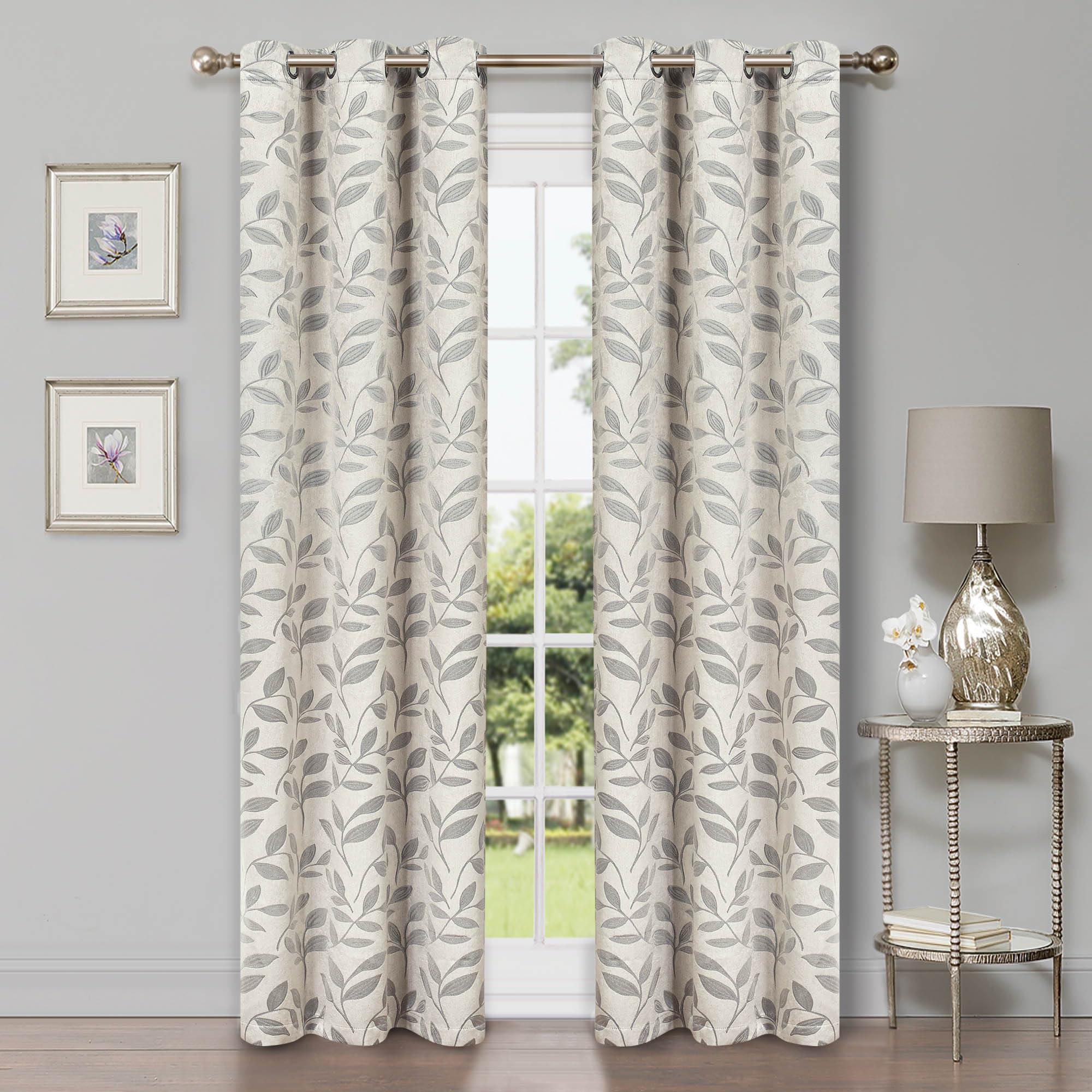 Superior Blackout Curtains, Room Darkening Window Accent for Bedroom, Sun Blocking, Thermal, Modern Bohemian Curtains, Leaves Collection, Set of 2 Panels, Rod Pocket - 42 in x 84 in, Ivory