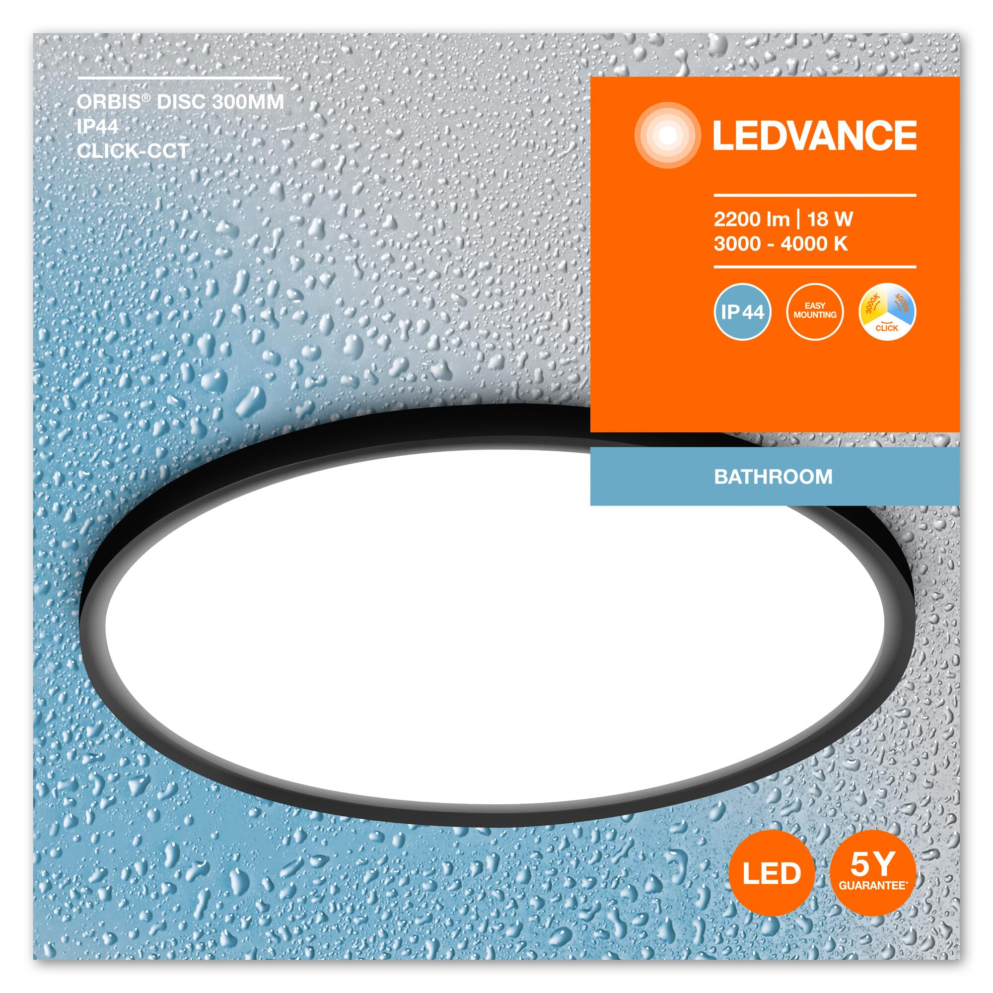 LEDVANCE ORBIS DISC Badezimmer-Deckenleuchte 300mm, schwarz, 18W, 2200lm, warm- bis kaltweißes Weißlicht, per Lichtschalter steuerbar, besonders schlankes Design, IP44 Schutzklasse, 3000K-4000K