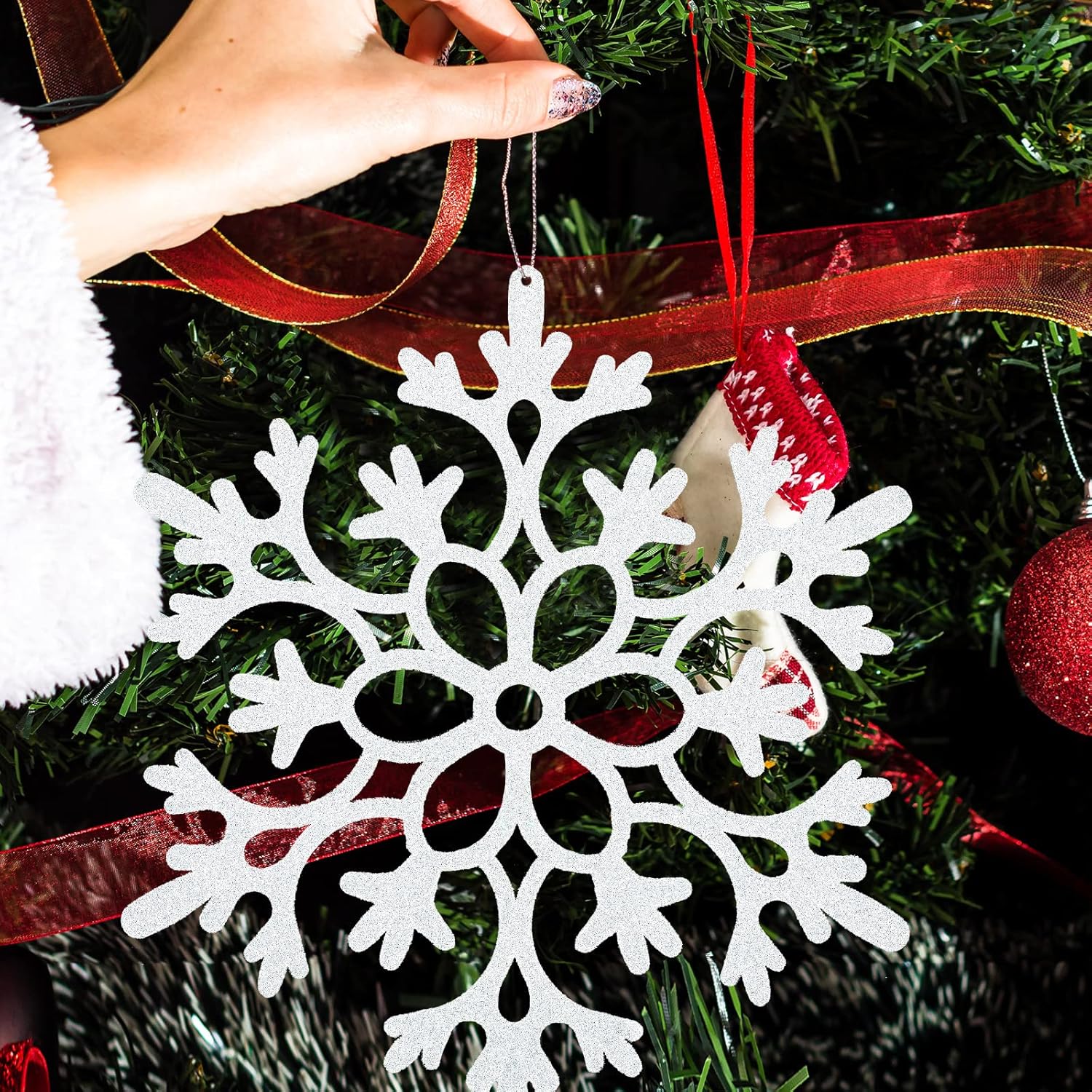 24 Pcs 12 Inch Large Christmas Snowflake Ornaments Glitter Xmas Hanging Ornaments Big Christmas Snowflake Decorations for Window Decor Winter Decorations (White)