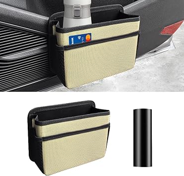 Car Trash Can, Foldable Mini Vehicle Trash Bin Garbage Organizer Holder, Waterproof Hanging Mini Auto Dustbin Accessories Storage Container for Vans, SUVs beige