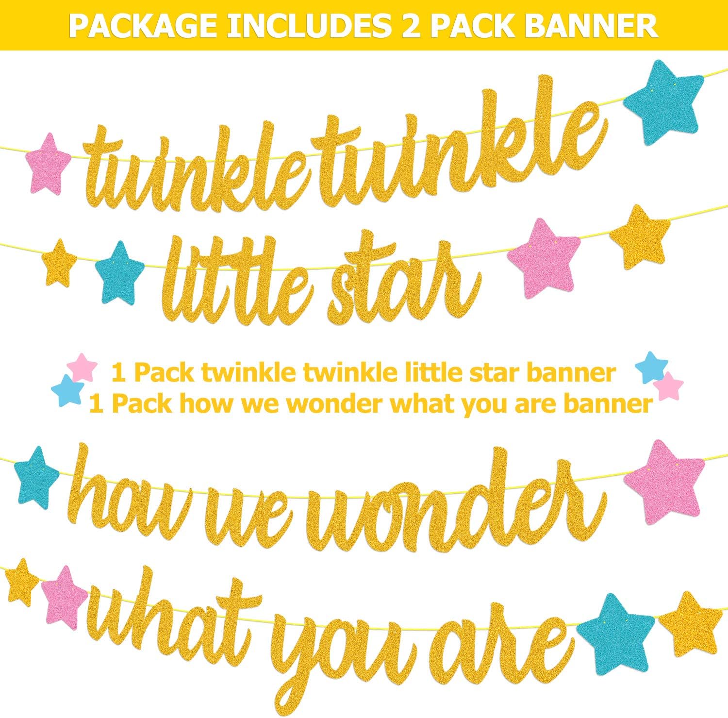 Twinkle Twinkle Llittle Star How We Wonder What You are Banner Gender Reveal Decorations Boy or Girl He or She Pink Blue Gold Star Baby Shower Party Supplies Glitter Décor Pre-Strung